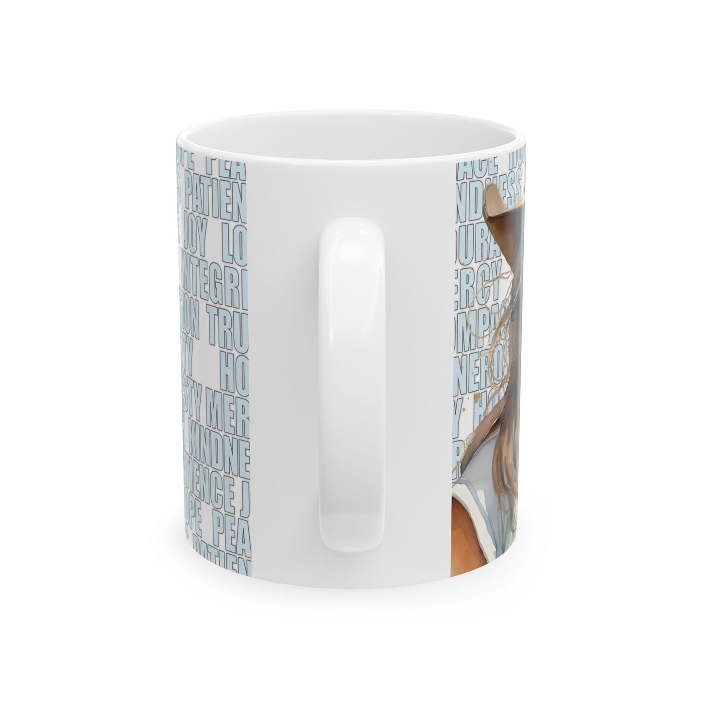 Joyful "Claire" Cowgirl over Positive Words White Ceramic Mug - 11 oz. or 15 oz.
