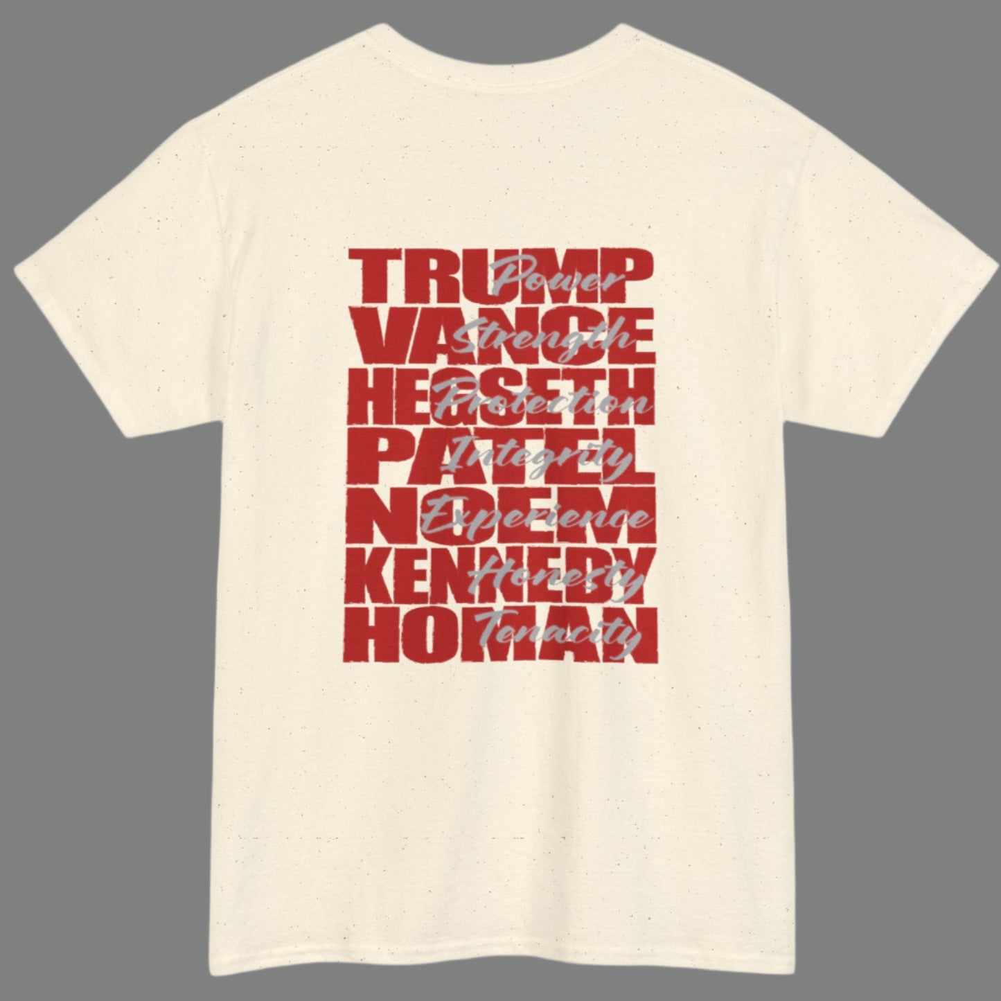 Cotton t-shirt imprinted in red with a gray overprint on the back of the names and strongest qualities of President Trump and his cabinet members / nominees. The front is imprinted on the left chest with 45/47 and the word Restoration overprinted in gray.