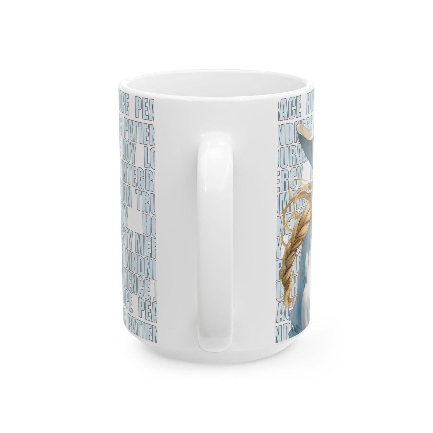 Joyful Young Blond Cowgirl and Positive Words White Ceramic Mug, (11oz or 15oz)