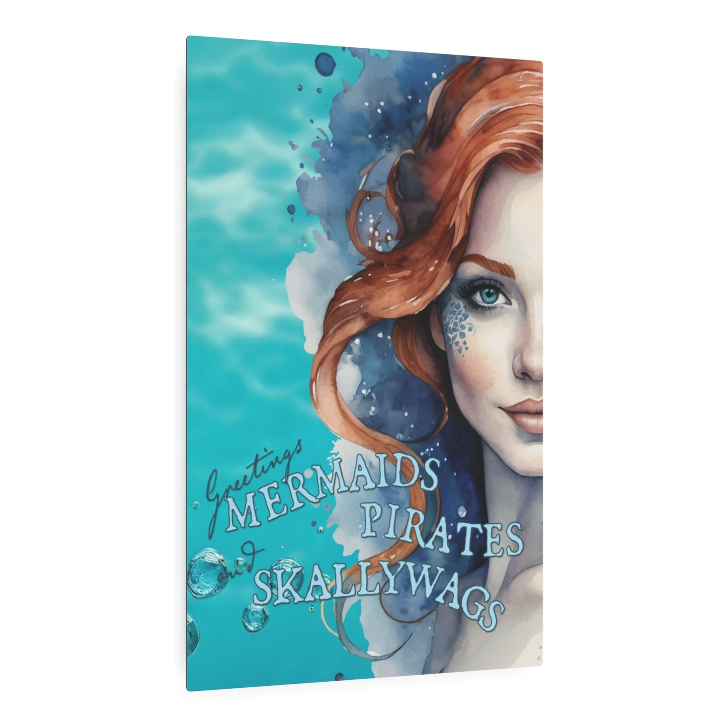 Beautiful metal sign imprinted in full color shows pretty turquoise water background with redhead ginger mermaid image overlaid with the words "Greetings MERMAIDS PIRATES and SKALLYWAGS" Pool decor. Ocean decor. Sea decor. Beach decor. Pool sign.