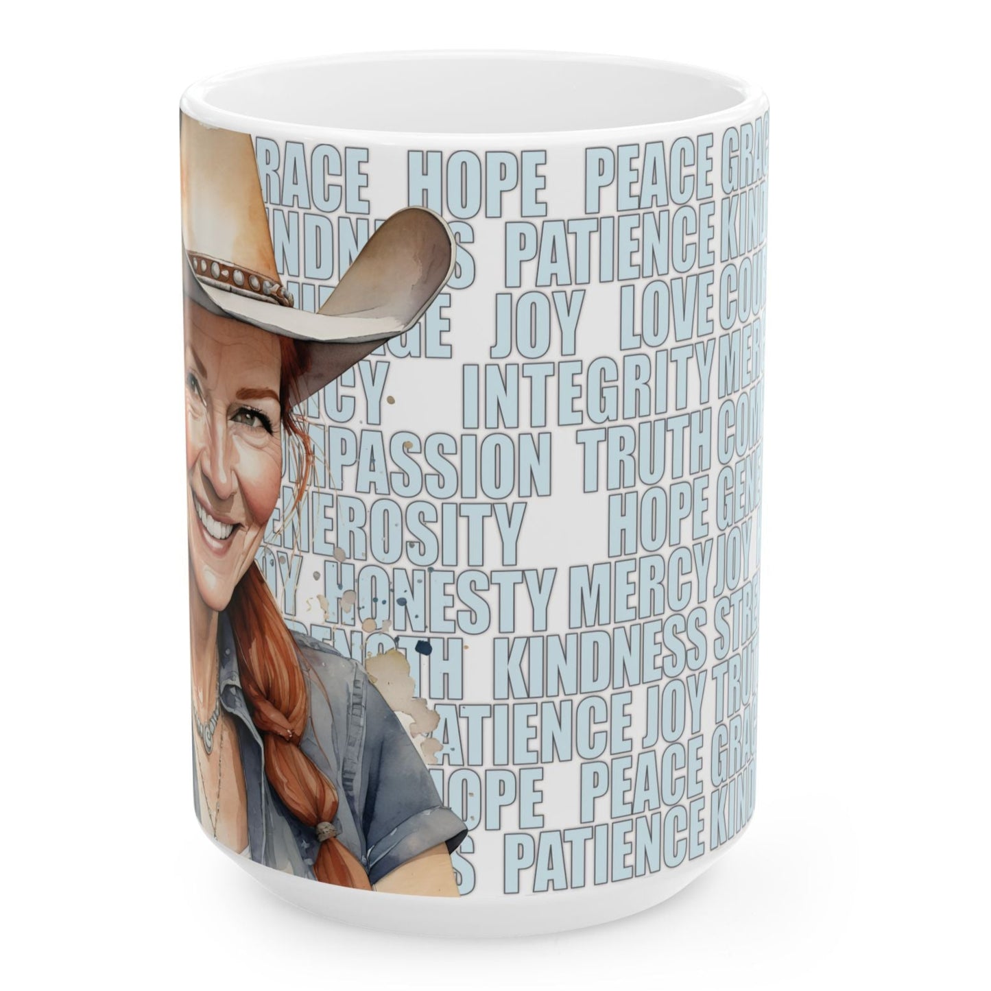 Joyful "Tracy" Redhead Ginger Cowgirl and Positive Words White Ceramic Mug (11oz or 15oz)