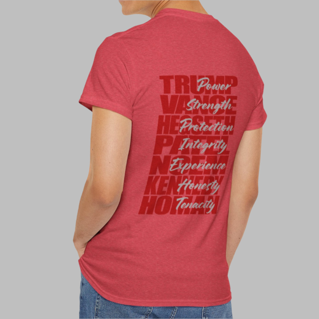 Cotton t-shirt imprinted in red with a gray overprint on the back of the names and strongest qualities of President Trump and his cabinet members / nominees. The front is imprinted on the left chest with 45/47 and the word Restoration overprinted in gray.