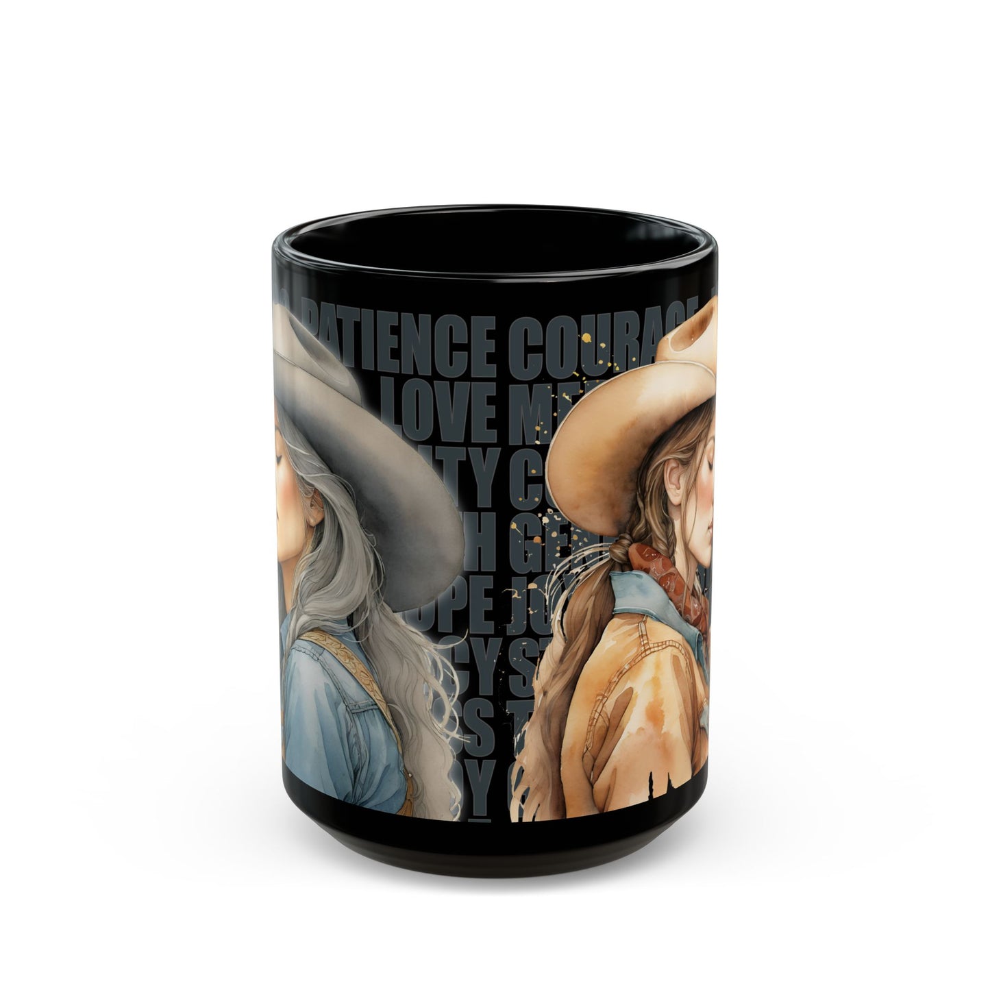 "Uplifted" Grateful Cowgirl Buckaroo + Inspirational Words on Black Ceramic Mug - 15oz