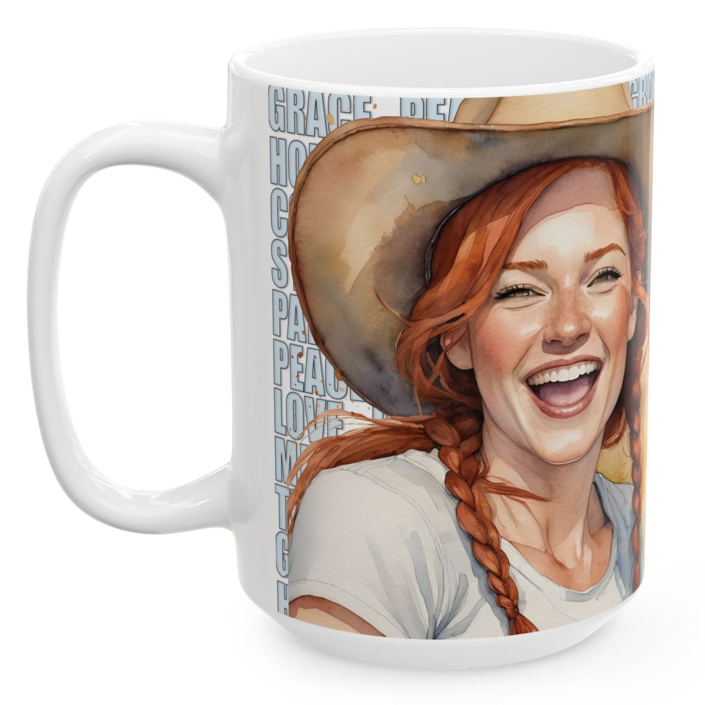 Joyful "Olive" Redhead Ginger Cowgirl with Positive Words White Ceramic Mug - 11oz or 15oz