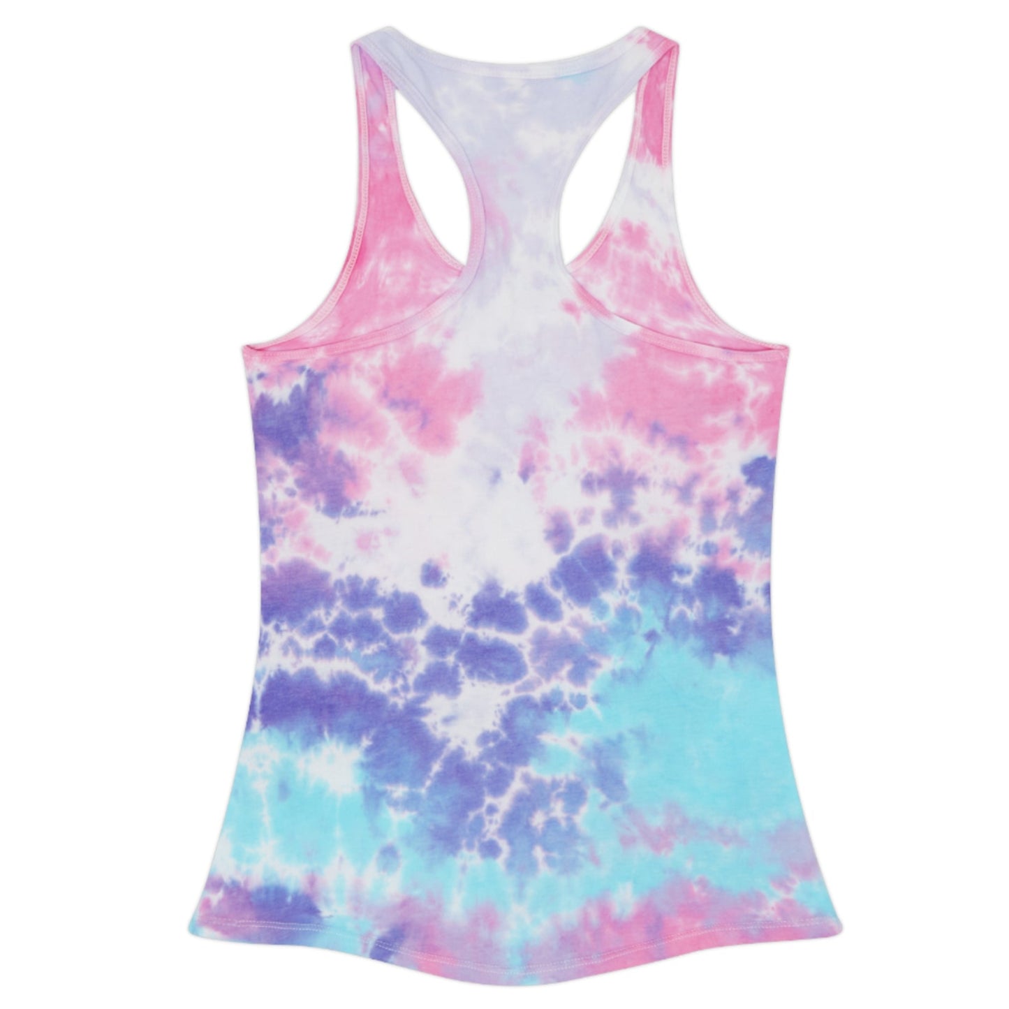 Model wearing a royal blue, pink, and light blue tie dye design racerback tank that is imprinted on the front with out inspirational and motivational slogan in a deep teal : The person you dream of becoming is waiting for you to try.