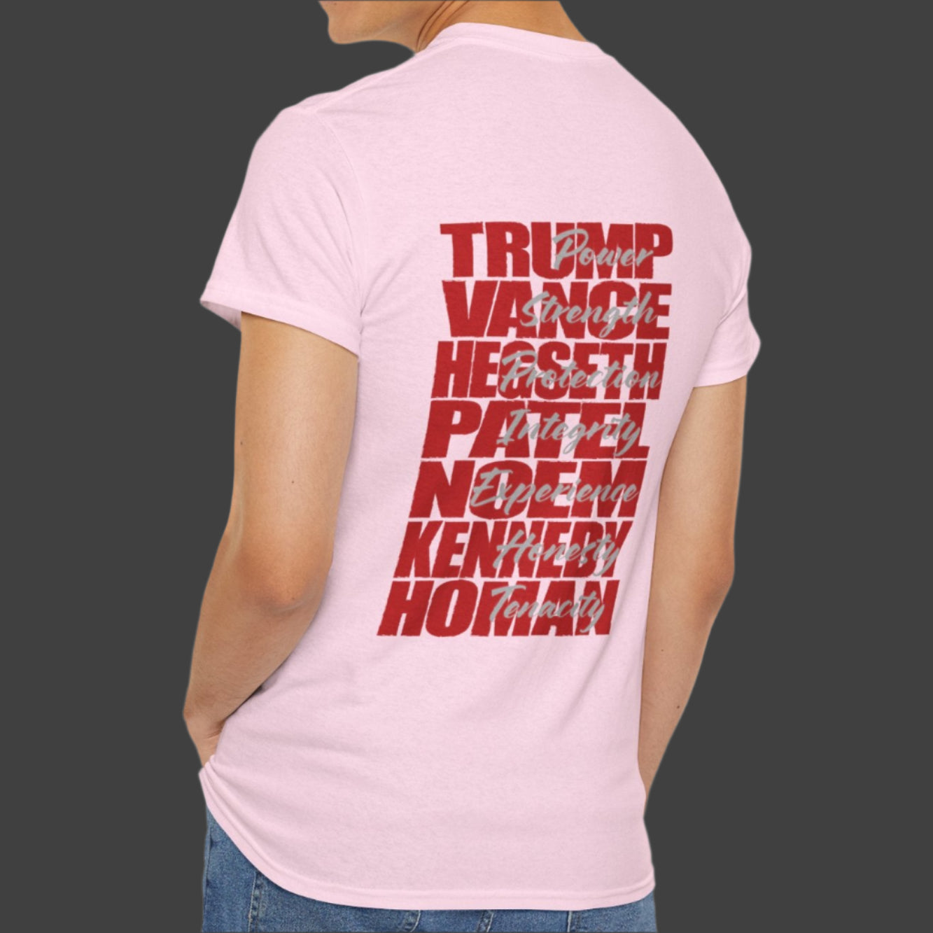 Cotton t-shirt imprinted in red with a gray overprint on the back of the names and strongest qualities of President Trump and his cabinet members / nominees. The front is imprinted on the left chest with 45/47 and the word Restoration overprinted in gray.