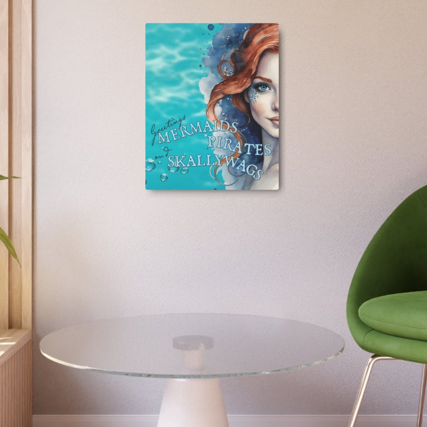 Beautiful metal sign imprinted in full color shows pretty turquoise water background with redhead ginger mermaid image overlaid with the words "Greetings MERMAIDS PIRATES and SKALLYWAGS" Pool decor. Ocean decor. Sea decor. Beach decor. Pool sign.