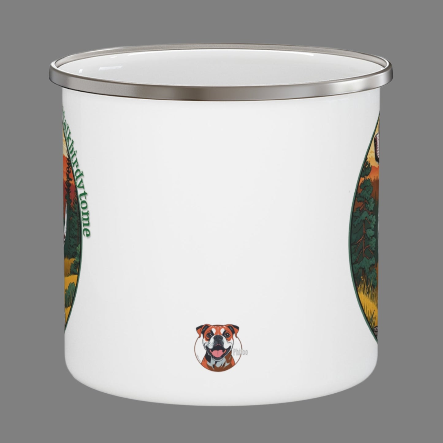 Enamel mug with imprint of German shorthaired pointer ready to go to work. Shows dog at the ready and waiting to retrieve a bird. Pretty sunrise over distant mountains with golden grasses and green pine trees. Encircled with the tag line #talkbirdytome. White enamel coated stainless steel camping coffee mug. Same imprint on both sides.