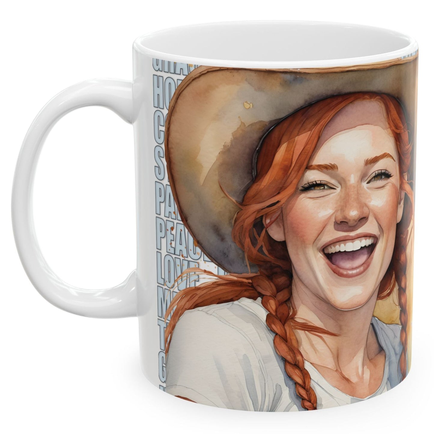 Joyful "Olive" Redhead Ginger Cowgirl with Positive Words White Ceramic Mug - 11oz or 15oz