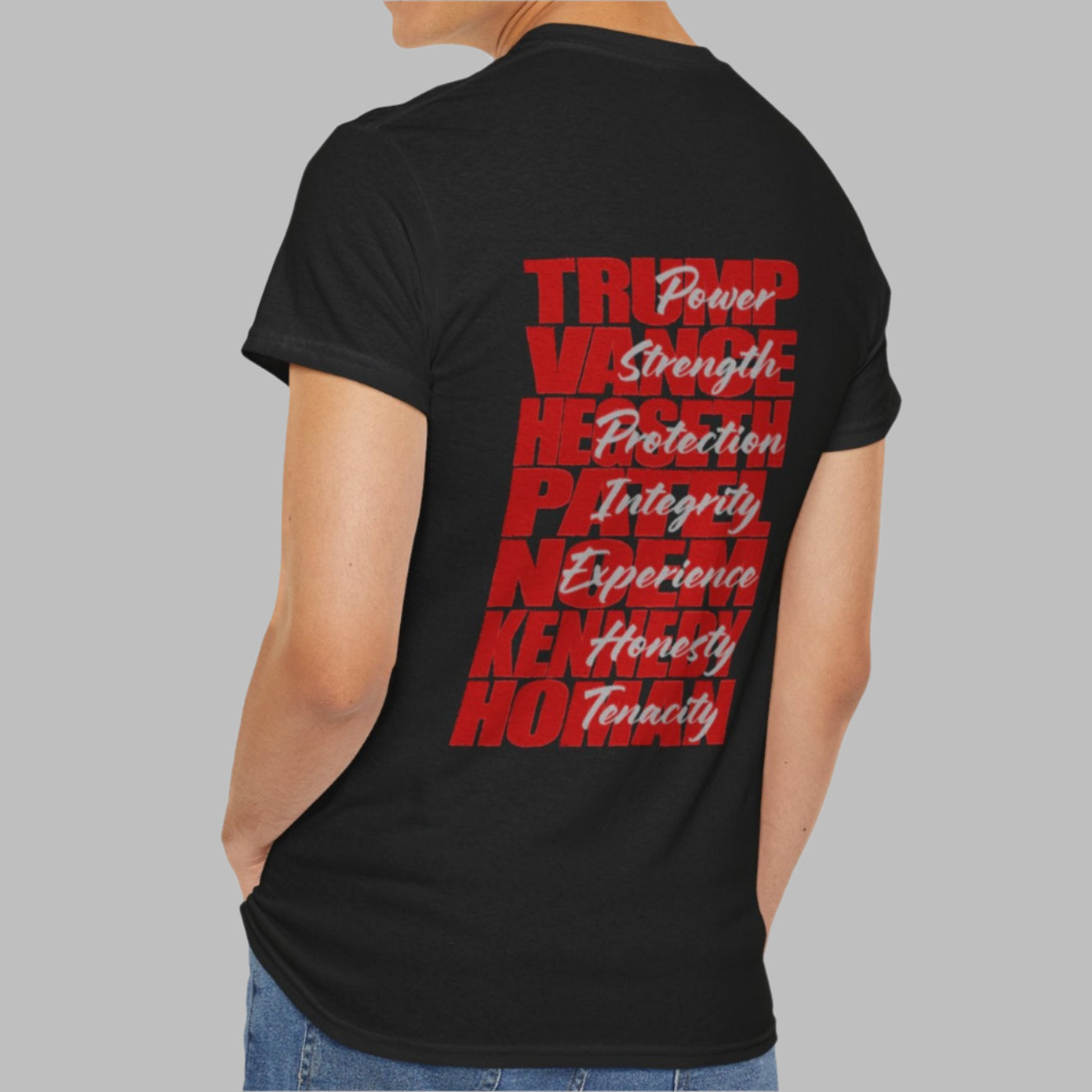 Cotton t-shirt imprinted in red with a gray overprint on the back of the names and strongest qualities of President Trump and his cabinet members / nominees. The front is imprinted on the left chest with 45/47 and the word Restoration overprinted in gray.