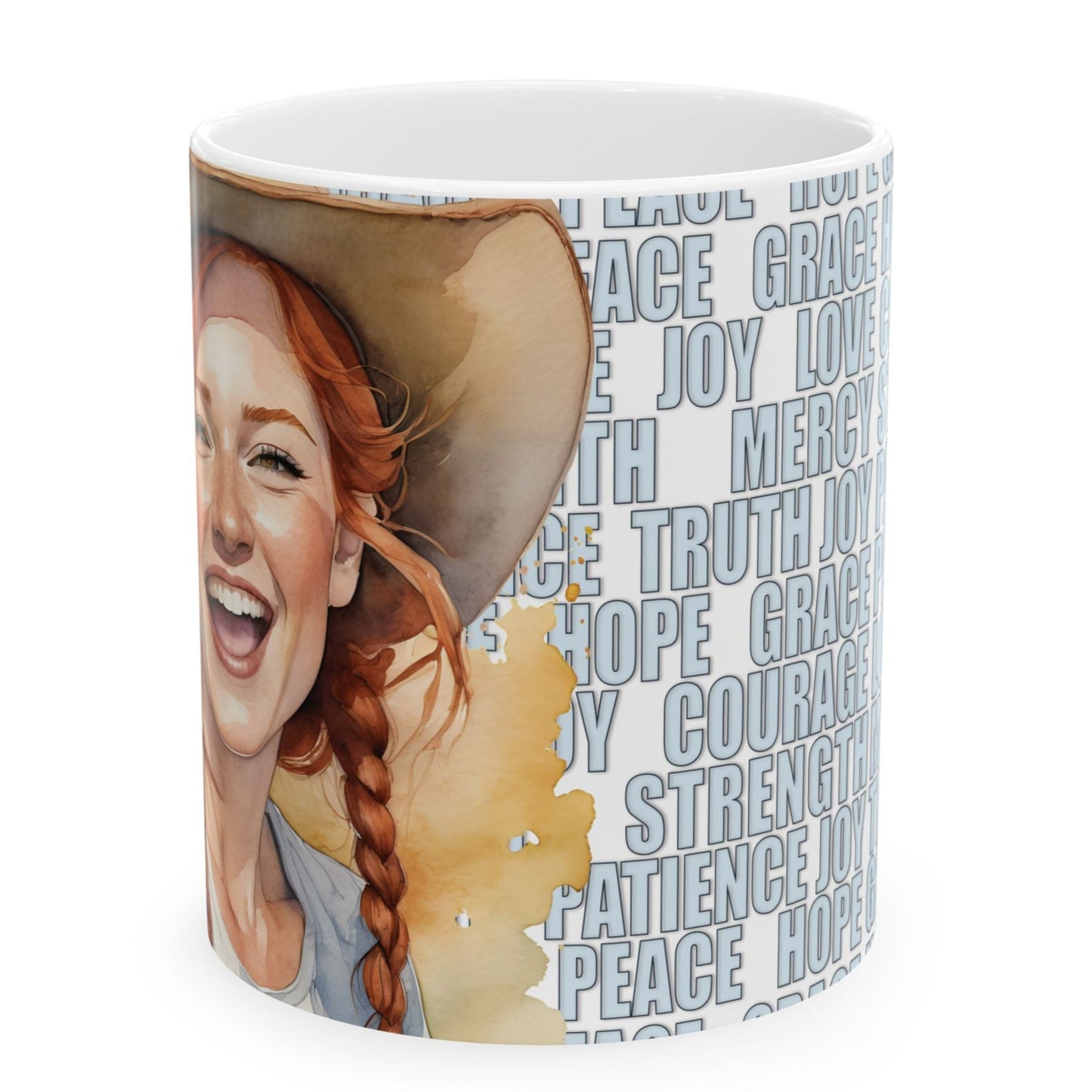 Joyful "Olive" Redhead Ginger Cowgirl with Positive Words White Ceramic Mug - 11oz or 15oz