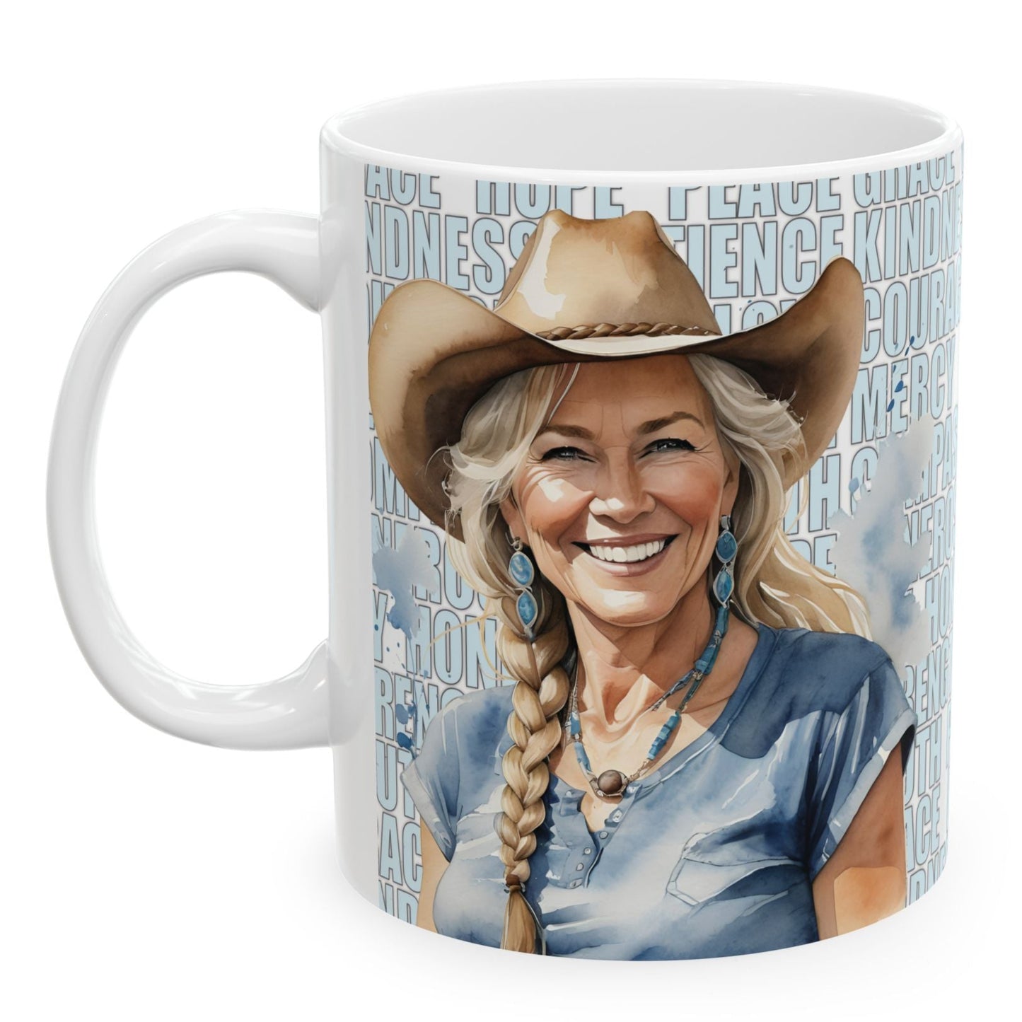 MELANIE. Our happiest cowgirls grace these 11 oz and 15 oz white ceramic mugs. We've also added a plethora of positive words to help get your day off to the right start. Glossy finish.