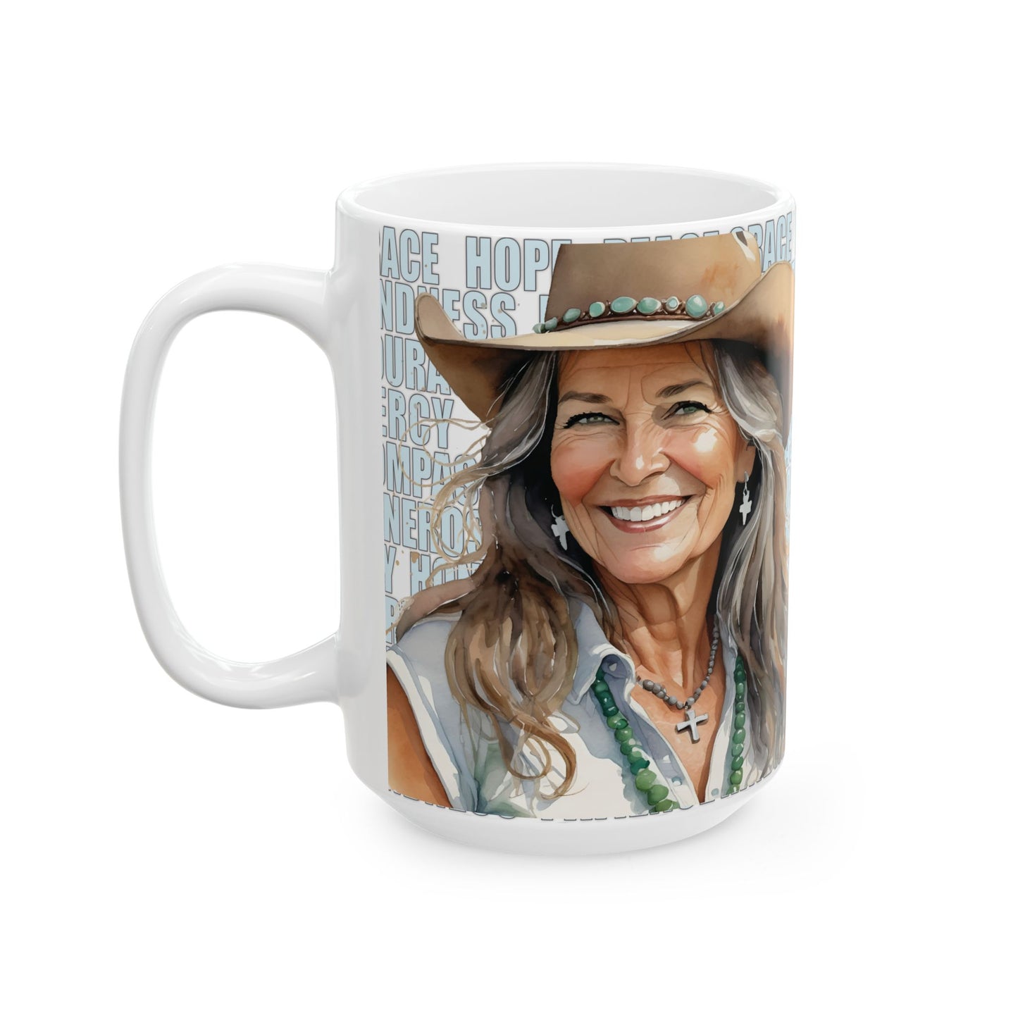 Joyful "Claire" Cowgirl over Positive Words White Ceramic Mug - 11 oz. or 15 oz.