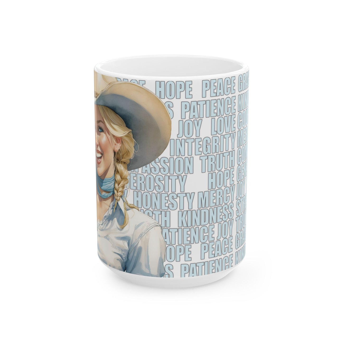 Joyful Young Blond Cowgirl and Positive Words White Ceramic Mug, (11oz or 15oz)