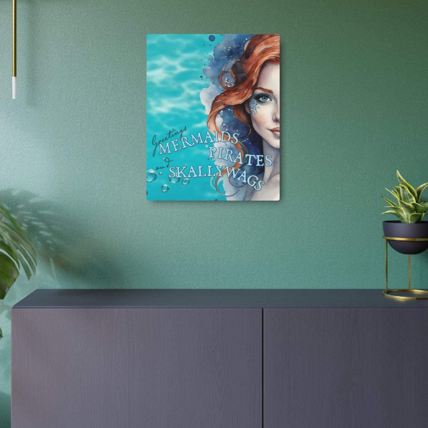 Beautiful metal sign imprinted in full color shows pretty turquoise water background with redhead ginger mermaid image overlaid with the words "Greetings MERMAIDS PIRATES and SKALLYWAGS" Pool decor. Ocean decor. Sea decor. Beach decor. Pool sign.