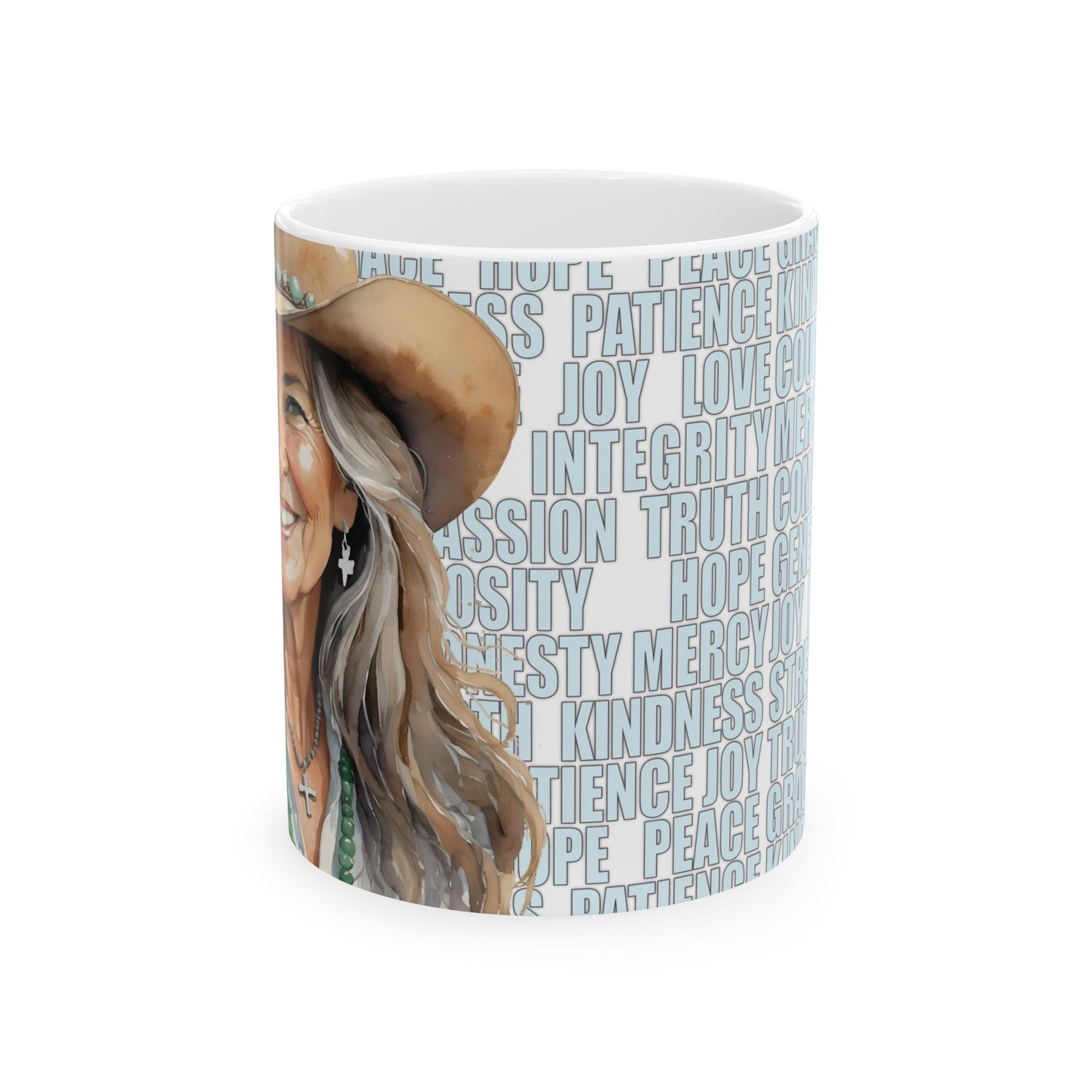 Joyful "Claire" Cowgirl over Positive Words White Ceramic Mug - 11 oz. or 15 oz.