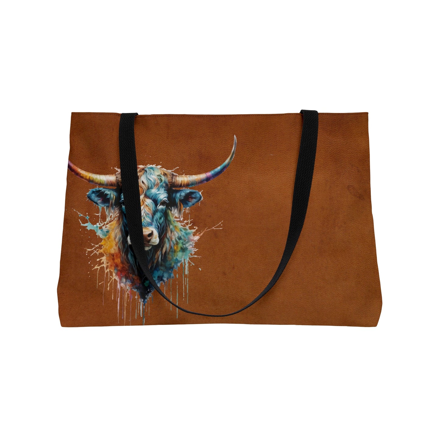 Barnburner Watercolor Steer on Smooth Tan Leather Look Weekender Tote Bag - 2 Handle Color Options