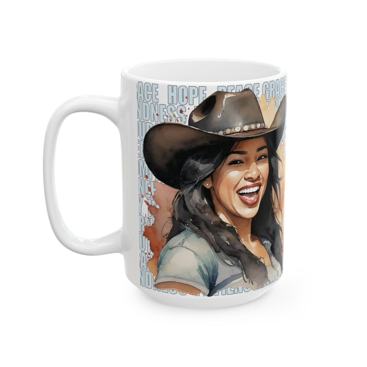 Joyful Young Black Cowgirl with Positive Words White Ceramic Mug, (11oz or 15oz)