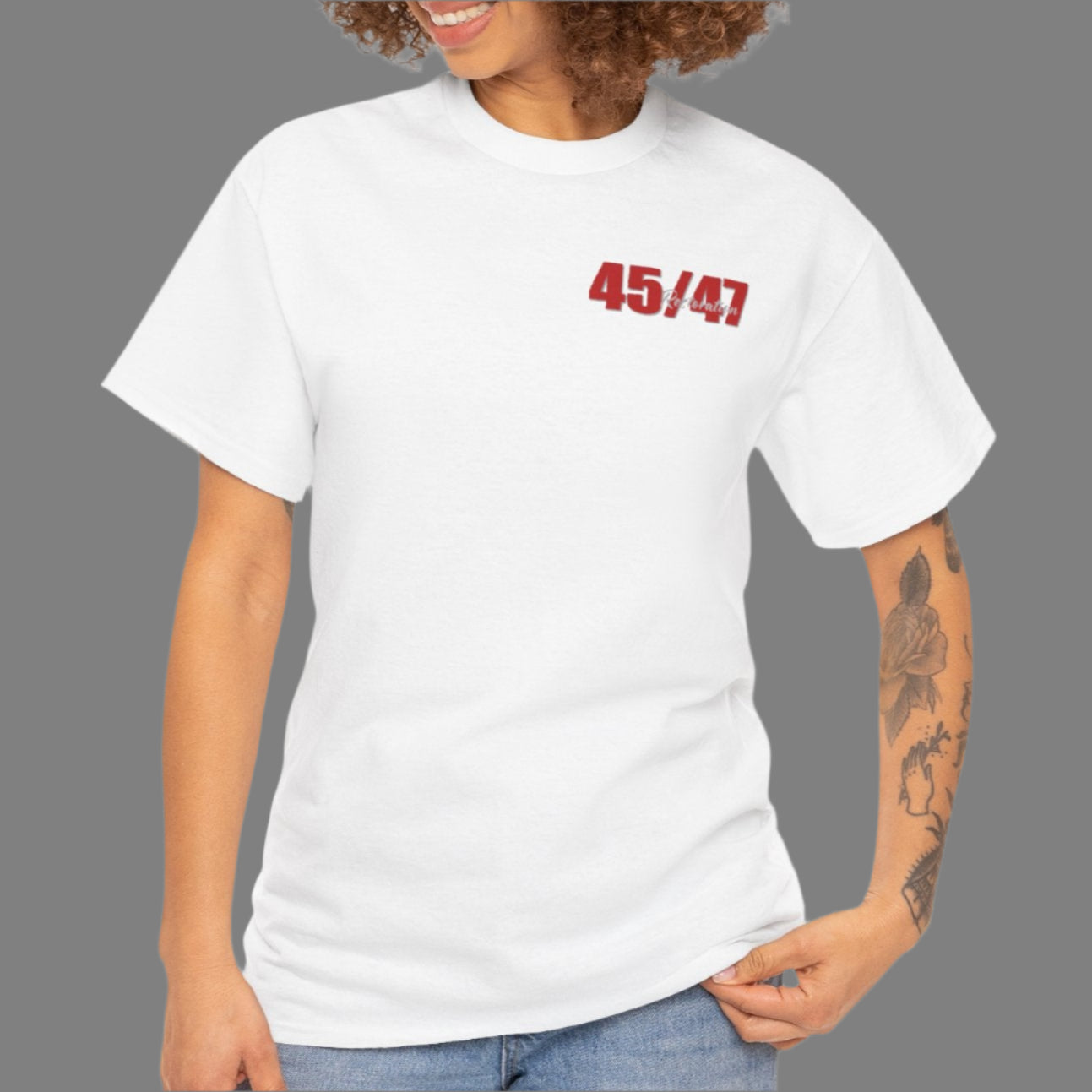 Cotton t-shirt imprinted in red with a gray overprint on the back of the names and strongest qualities of President Trump and his cabinet members / nominees. The front is imprinted on the left chest with 45/47 and the word Restoration overprinted in gray.