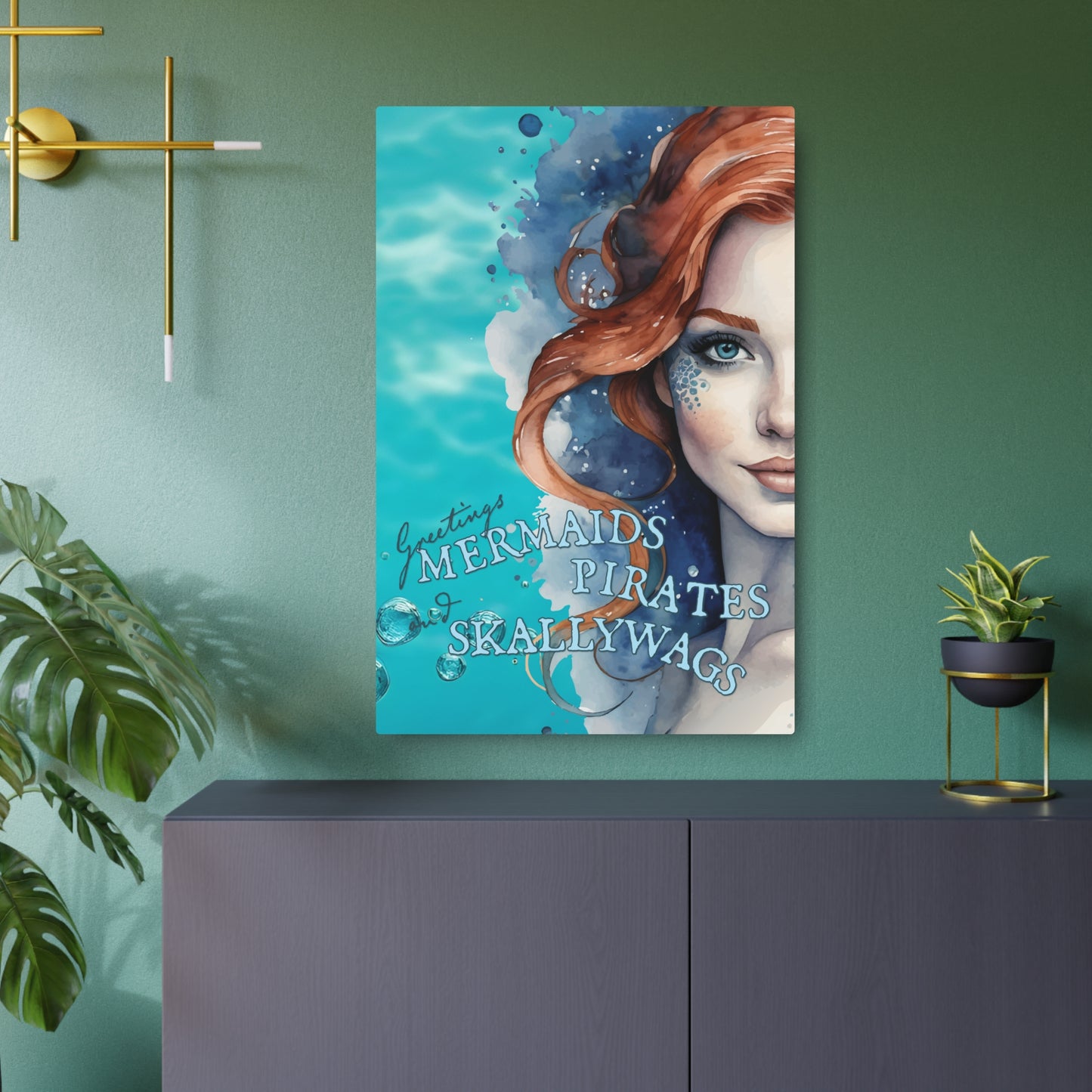Beautiful metal sign imprinted in full color shows pretty turquoise water background with redhead ginger mermaid image overlaid with the words "Greetings MERMAIDS PIRATES and SKALLYWAGS" Pool decor. Ocean decor. Sea decor. Beach decor. Pool sign.