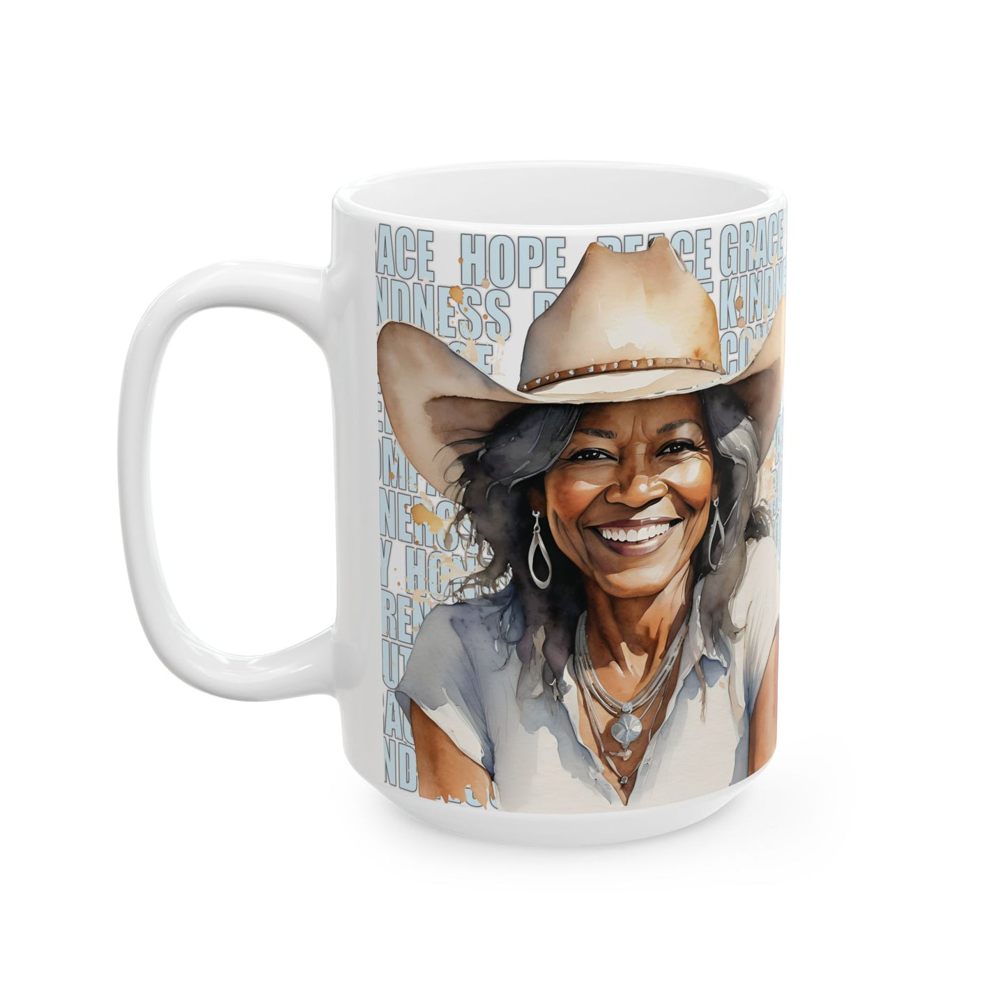 Joyful Mature Black Cowgirl with Positive Words White Ceramic Mug, (11oz or 15oz)