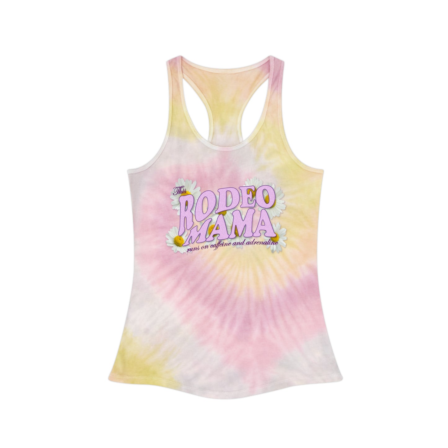 Rodeo Mama Tie Dye Racerback Tank Top (Caffeine & Adrenaline) – Vibrant & Playful Summer Wear - 3 Color Options