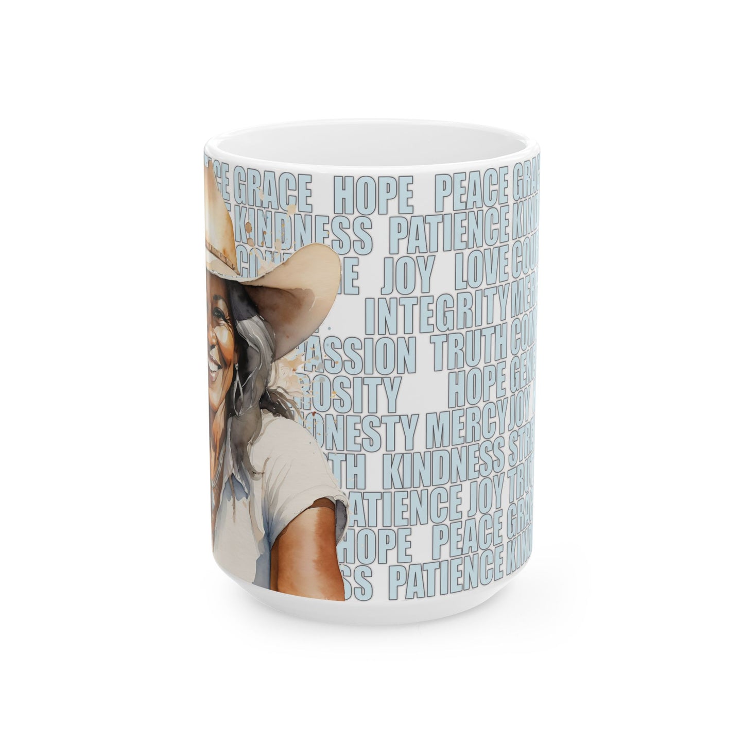 Joyful Mature Black Cowgirl with Positive Words White Ceramic Mug, (11oz or 15oz)