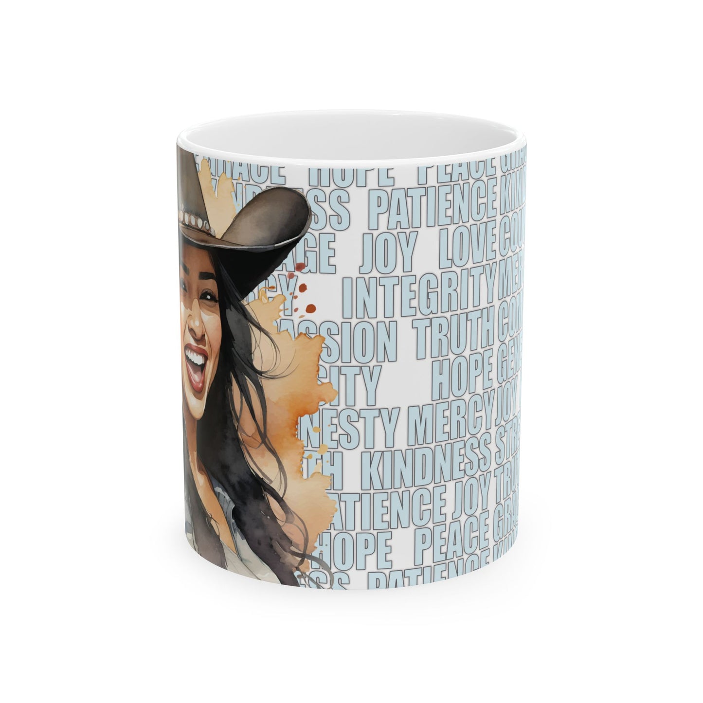 Joyful Young Black Cowgirl with Positive Words White Ceramic Mug, (11oz or 15oz)