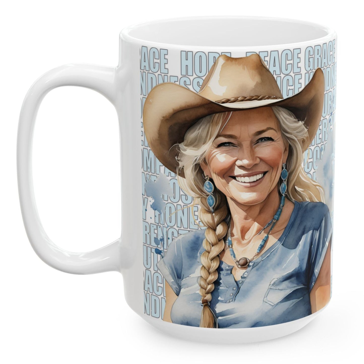 MELANIE. Our happiest cowgirls grace these 11 oz and 15 oz white ceramic mugs. We've also added a plethora of positive words to help get your day off to the right start. Glossy finish.