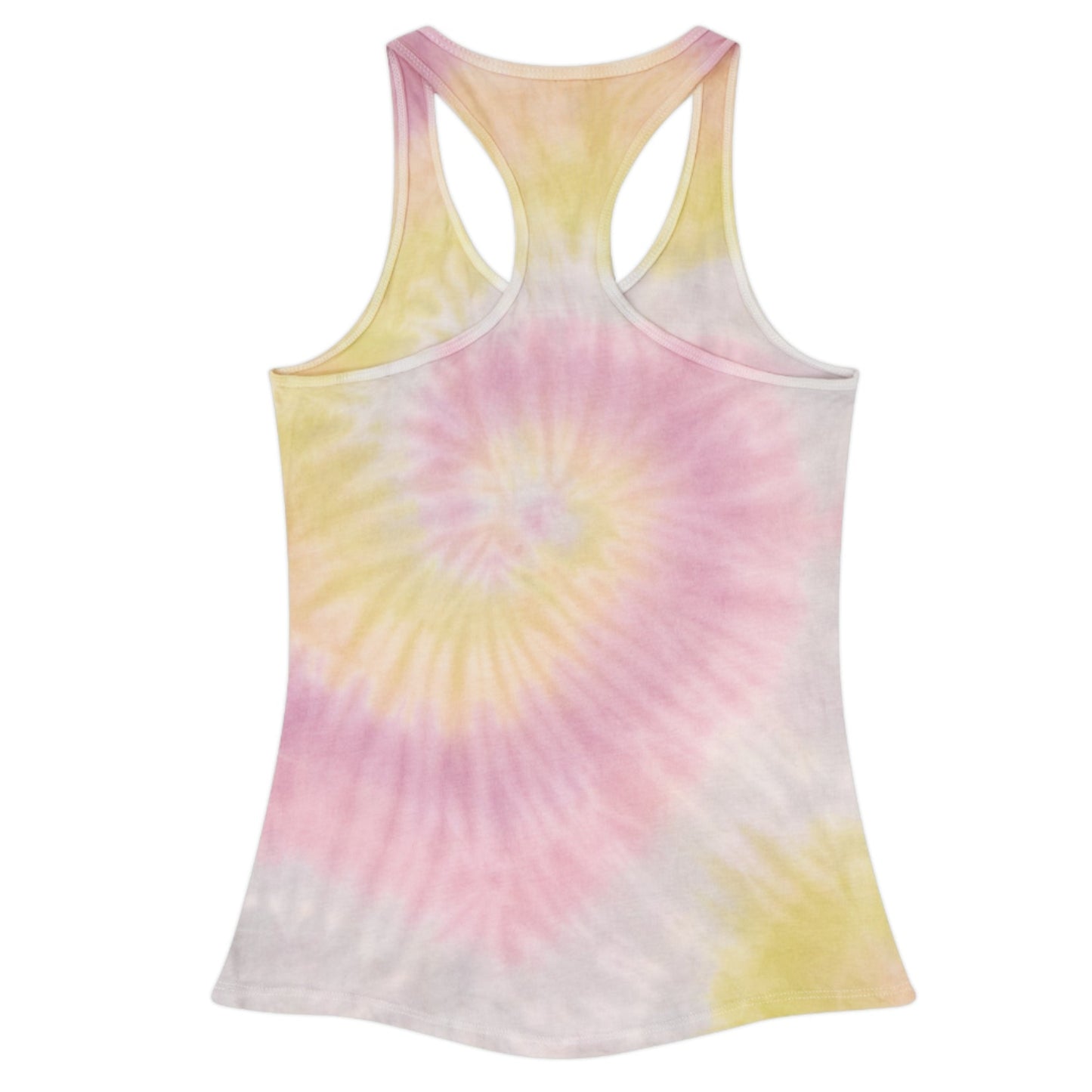 Model wearing a sunny yellow, pink, and white tie dye design racerback tank that is imprinted on the front with out inspirational and motivational slogan in a deep teal : The person you dream of becoming is waiting for you to try.