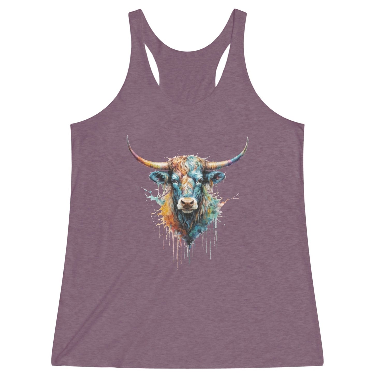 Barnburner Watercolor Wash with Colorful Steer Head Women's Tri-Blend Racerback Tank - 5 Color Options (XS - XXL)