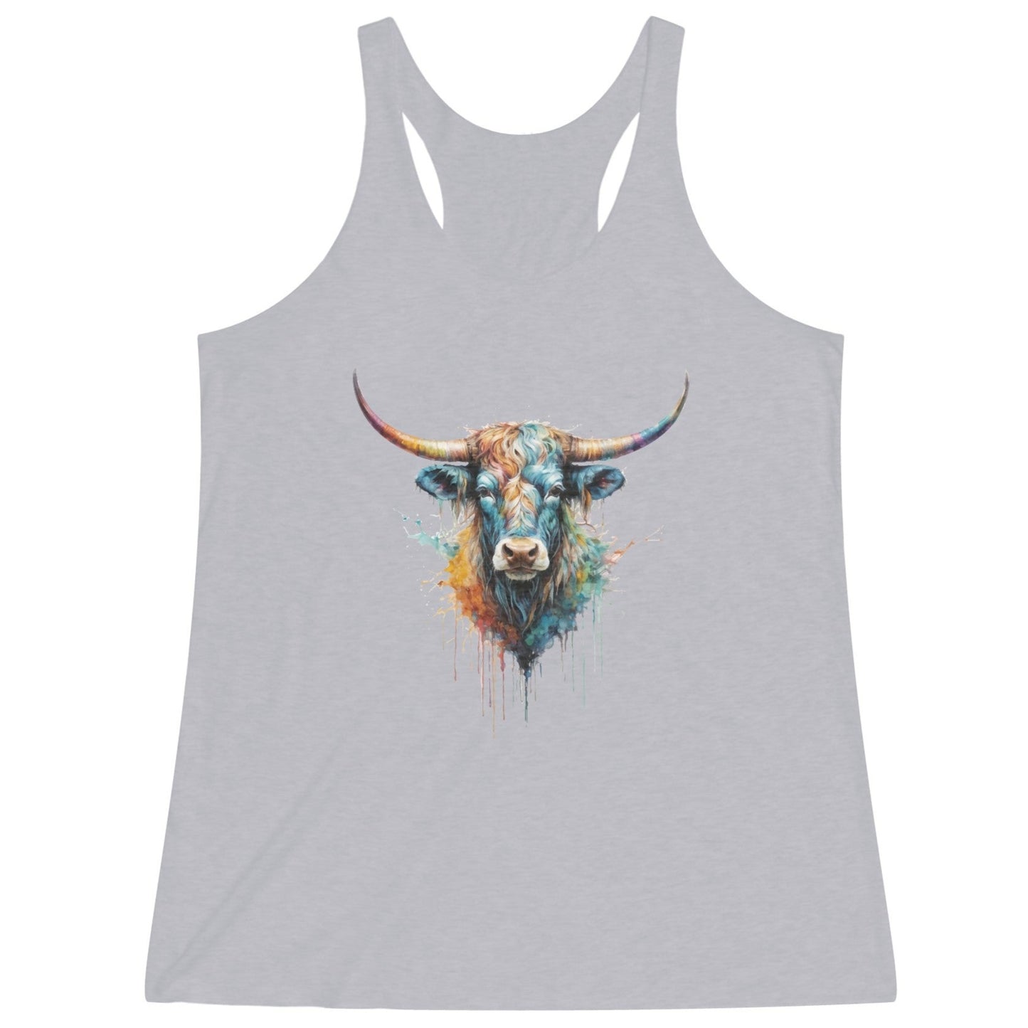 Barnburner Watercolor Wash with Colorful Steer Head Women's Tri-Blend Racerback Tank - 5 Color Options (XS - XXL)