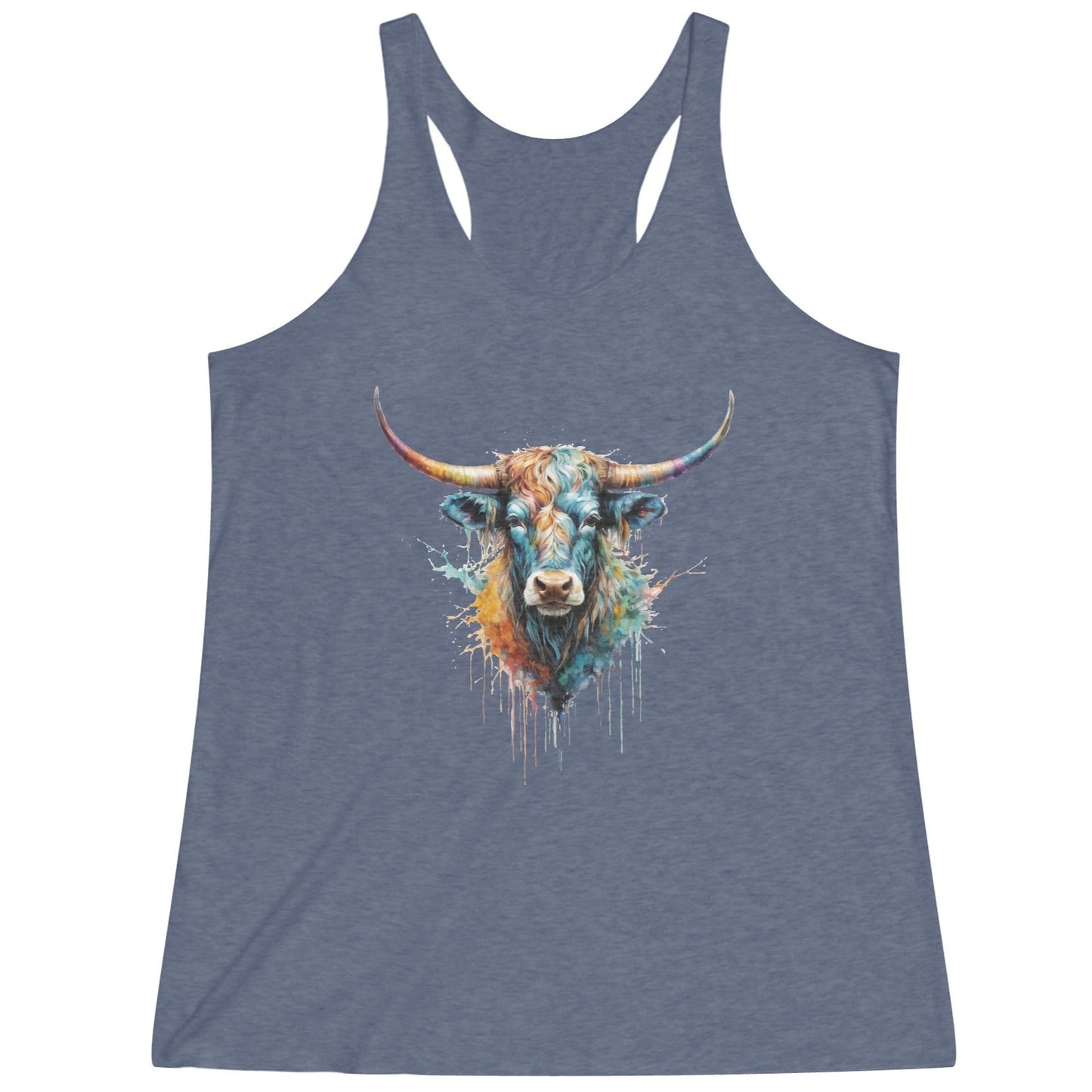 Barnburner Watercolor Wash with Colorful Steer Head Women's Tri-Blend Racerback Tank - 5 Color Options (XS - XXL)