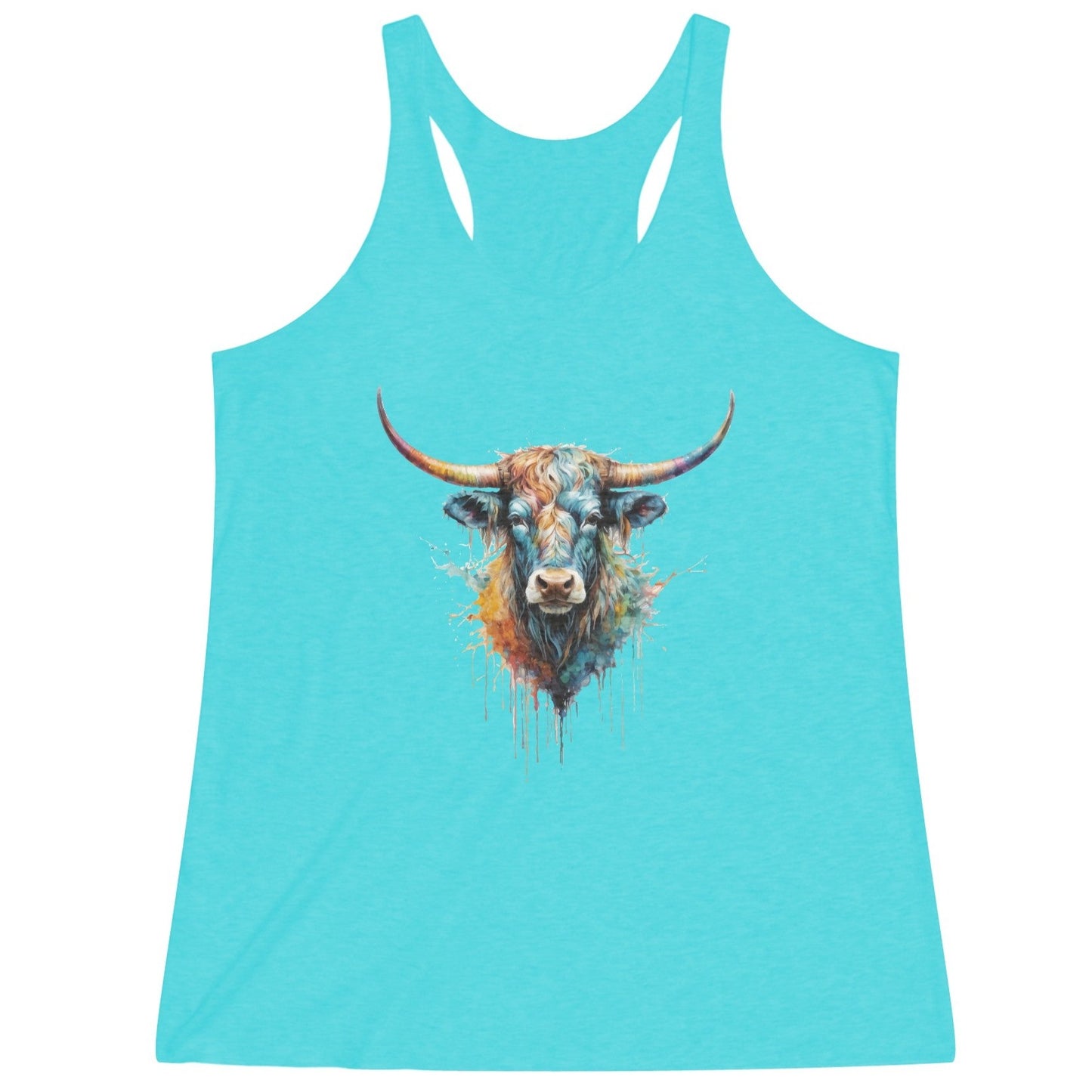 Barnburner Watercolor Wash with Colorful Steer Head Women's Tri-Blend Racerback Tank - 5 Color Options (XS - XXL)