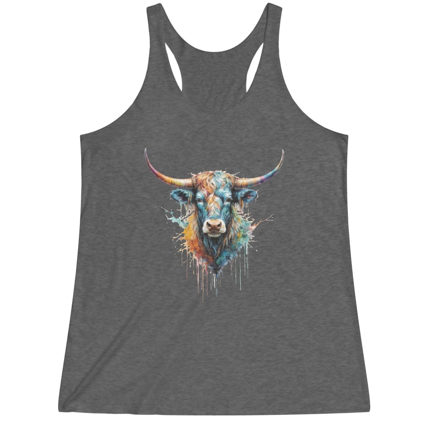 Barnburner Watercolor Wash with Colorful Steer Head Women's Tri-Blend Racerback Tank - 5 Color Options (XS - XXL)