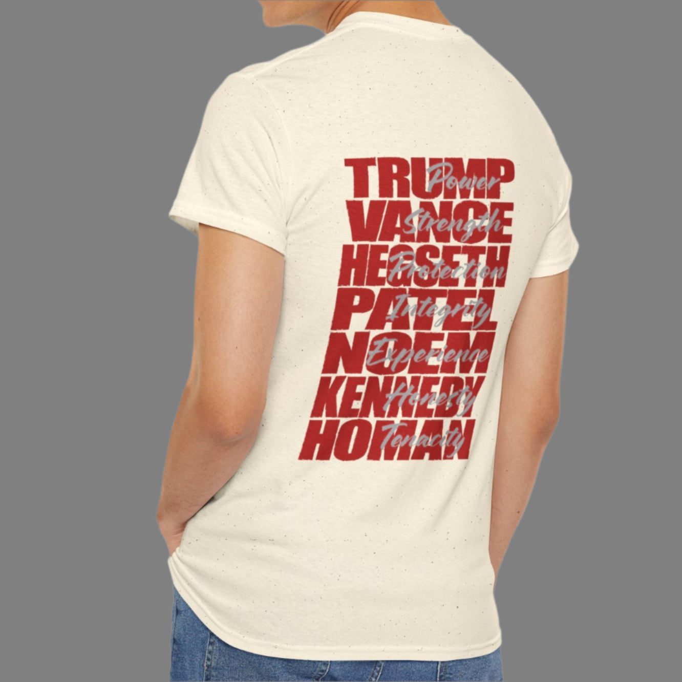 Cotton t-shirt imprinted in red with a gray overprint on the back of the names and strongest qualities of President Trump and his cabinet members / nominees. The front is imprinted on the left chest with 45/47 and the word Restoration overprinted in gray.