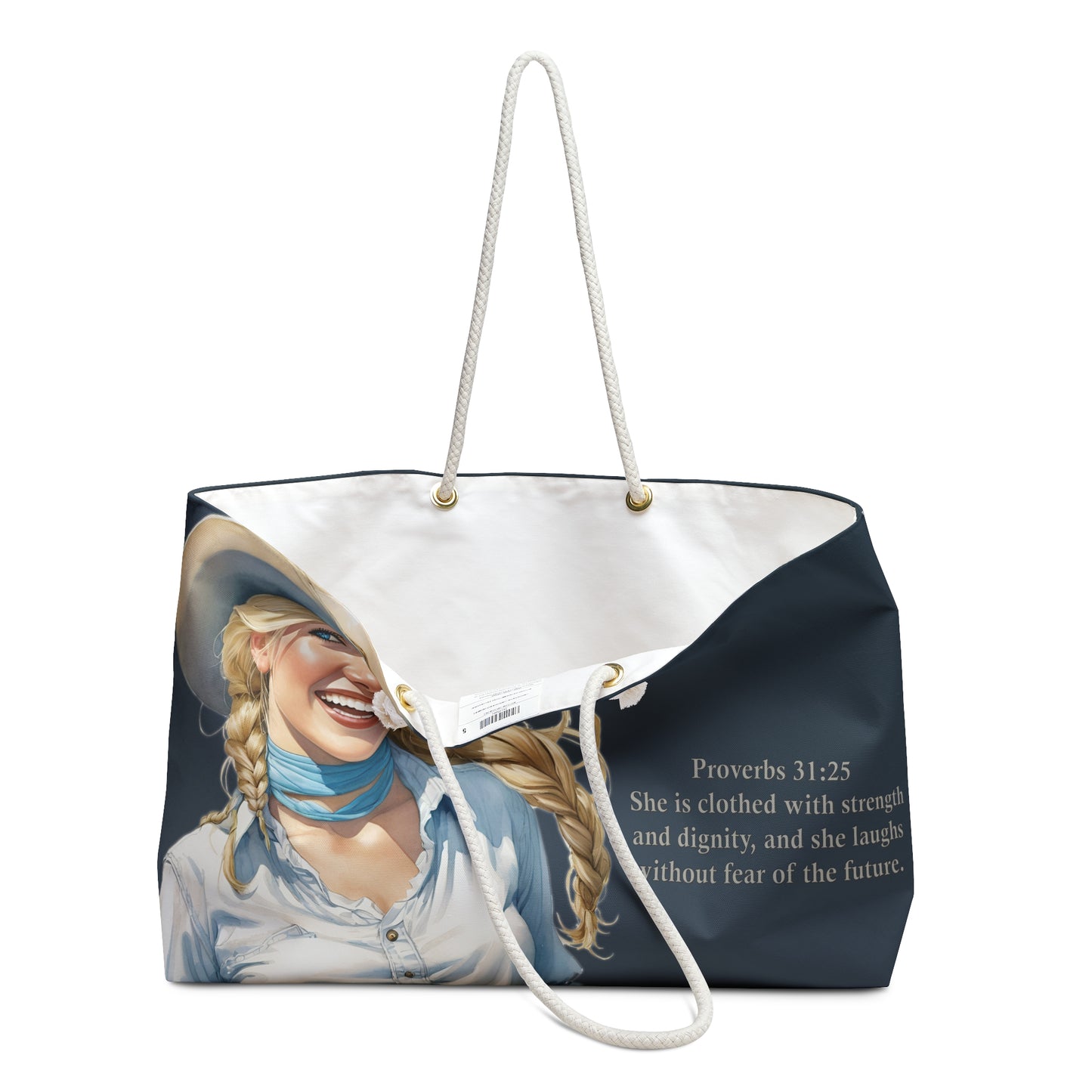 Uplifted Christian Blond Cowgirl Bible Verse Weekender Bag - Proverbs 31:25