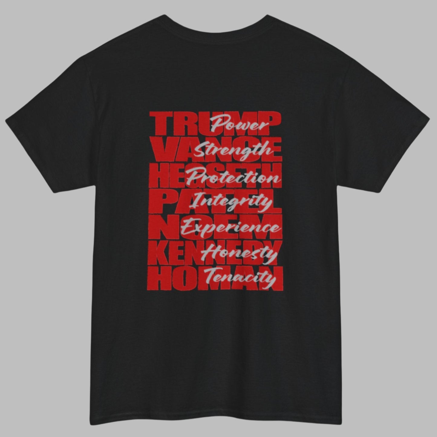 Cotton t-shirt imprinted in red with a gray overprint on the back of the names and strongest qualities of President Trump and his cabinet members / nominees. The front is imprinted on the left chest with 45/47 and the word Restoration overprinted in gray.