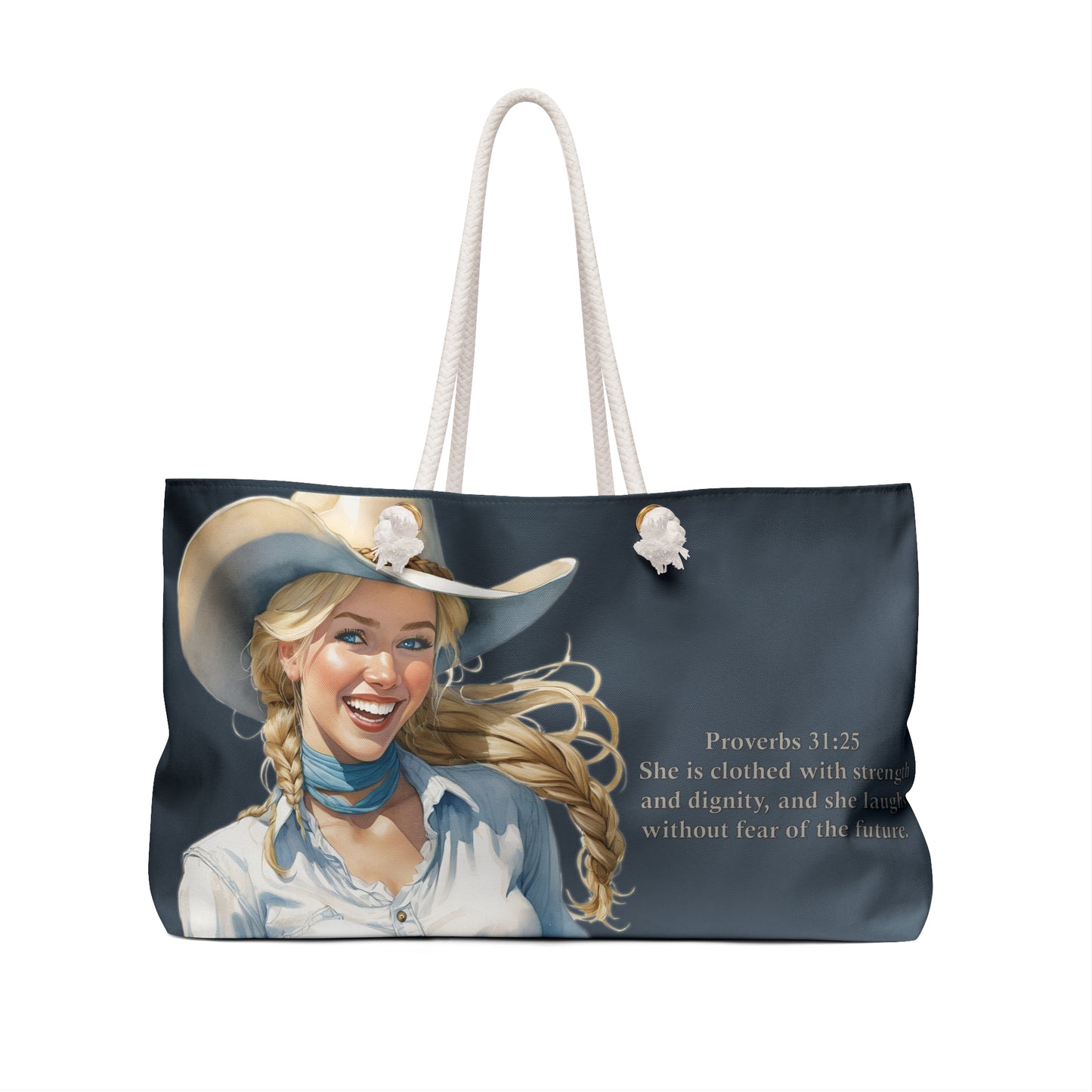 Uplifted Christian Blond Cowgirl Bible Verse Weekender Bag - Proverbs 31:25