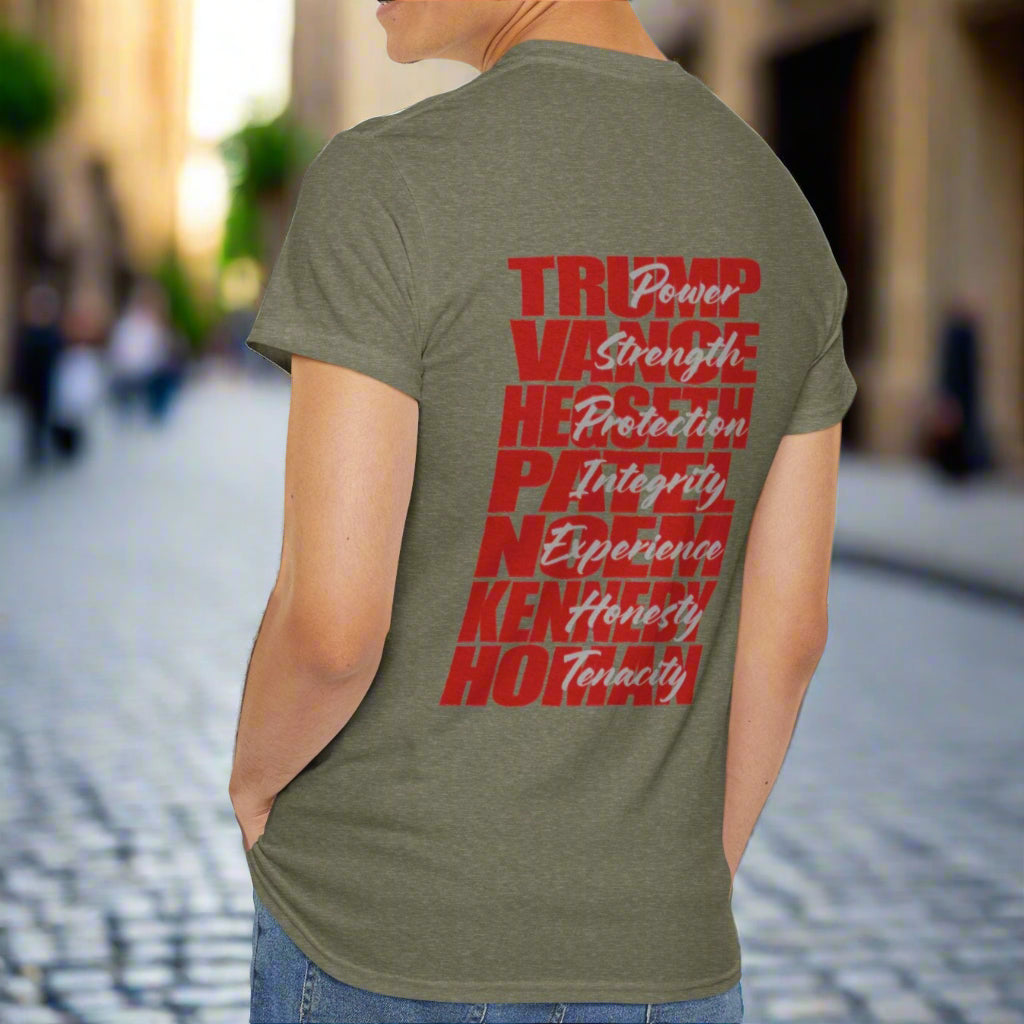 Cotton t-shirt imprinted in red with a gray overprint on the back of the names and strongest qualities of President Trump and his cabinet members / nominees. The front is imprinted on the left chest with