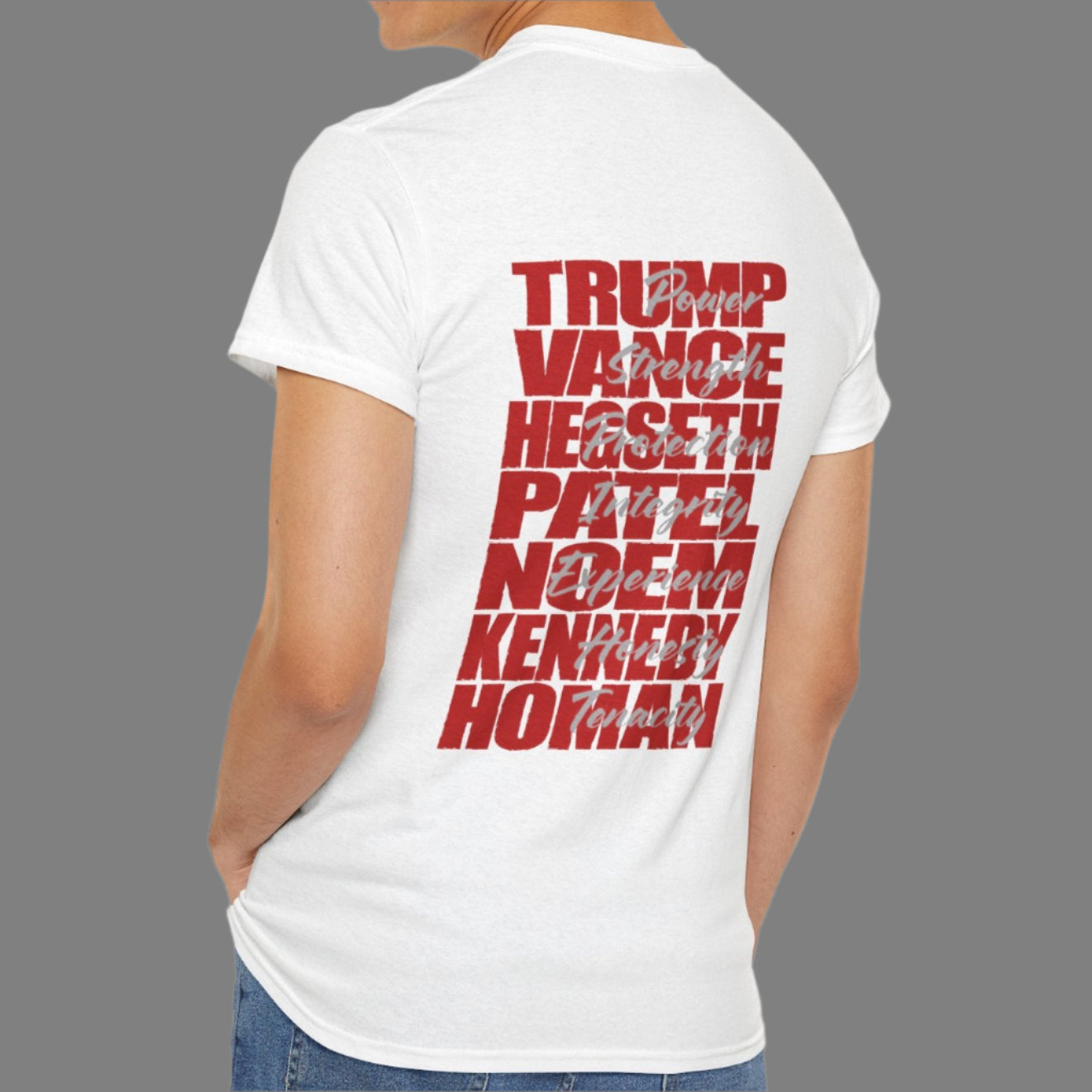 Cotton t-shirt imprinted in red with a gray overprint on the back of the names and strongest qualities of President Trump and his cabinet members / nominees. The front is imprinted on the left chest with 45/47 and the word Restoration overprinted in gray.