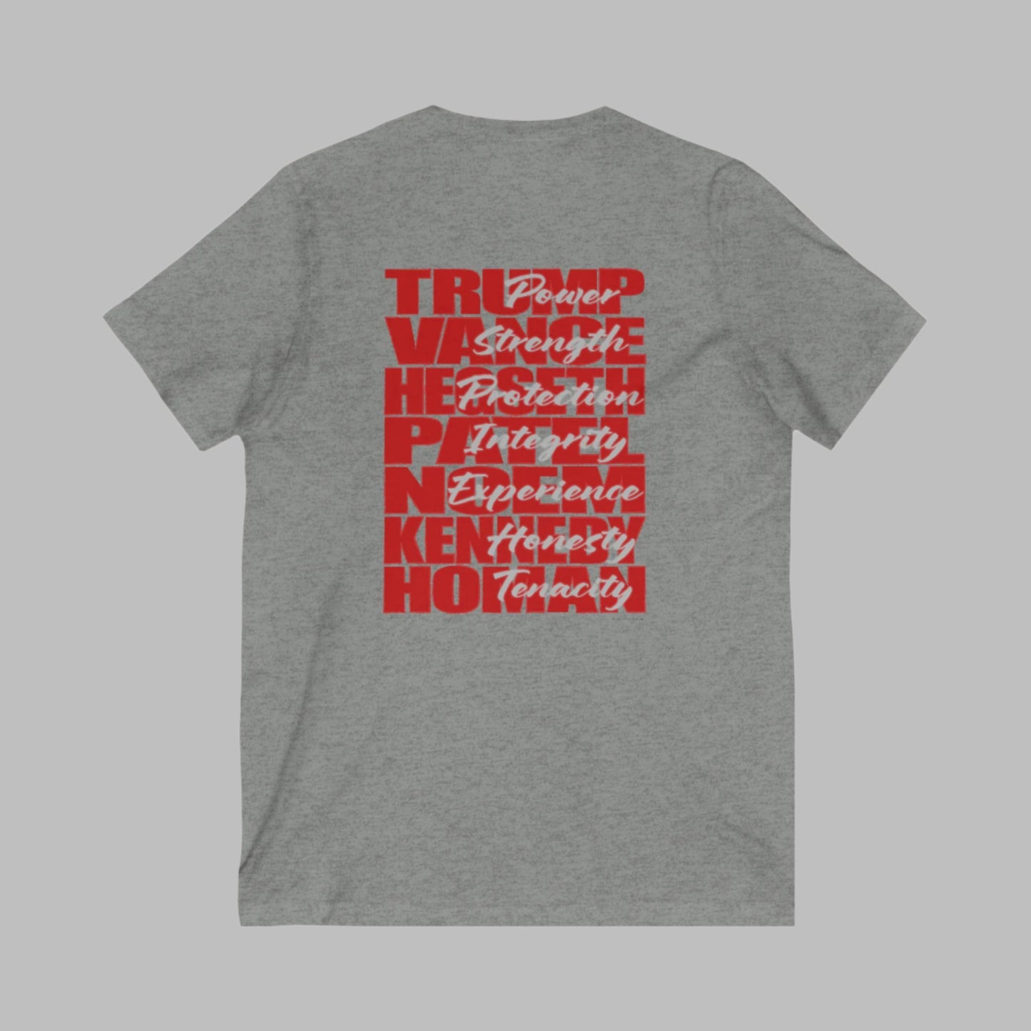 V-neck t-shirt imprinted with the names and qualities of Trump's cabinet members. Imprinted in red with gray overlays on the back. Left chest is imprinted with 45/47 and the word Restoration over the top. Sizes Small to 5X. 6 color options.