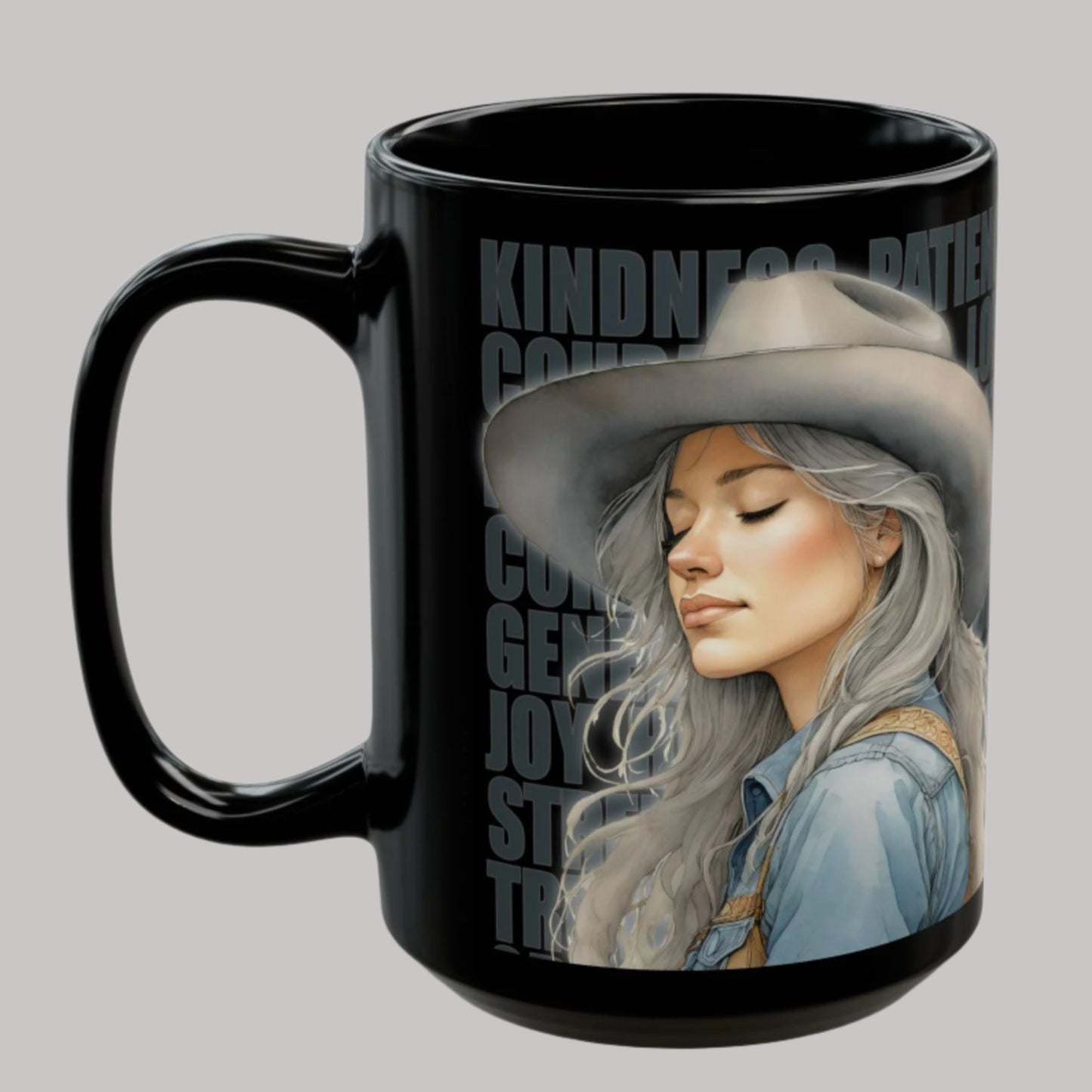 "Uplifted" Grateful Cowgirl Buckaroo + Inspirational Words on Black Ceramic Mug - 15oz