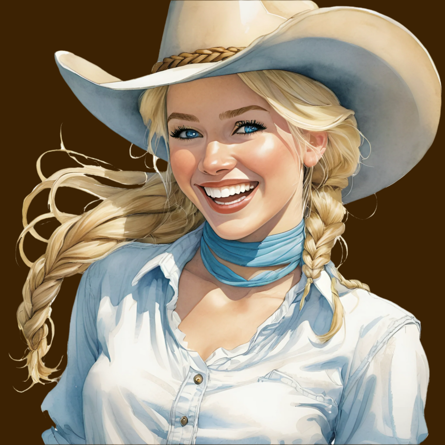 Imprint of pretty and happy cowgirl on end of bag.