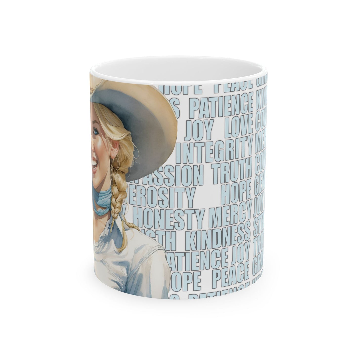 Joyful Young Blond Cowgirl and Positive Words White Ceramic Mug, (11oz or 15oz)