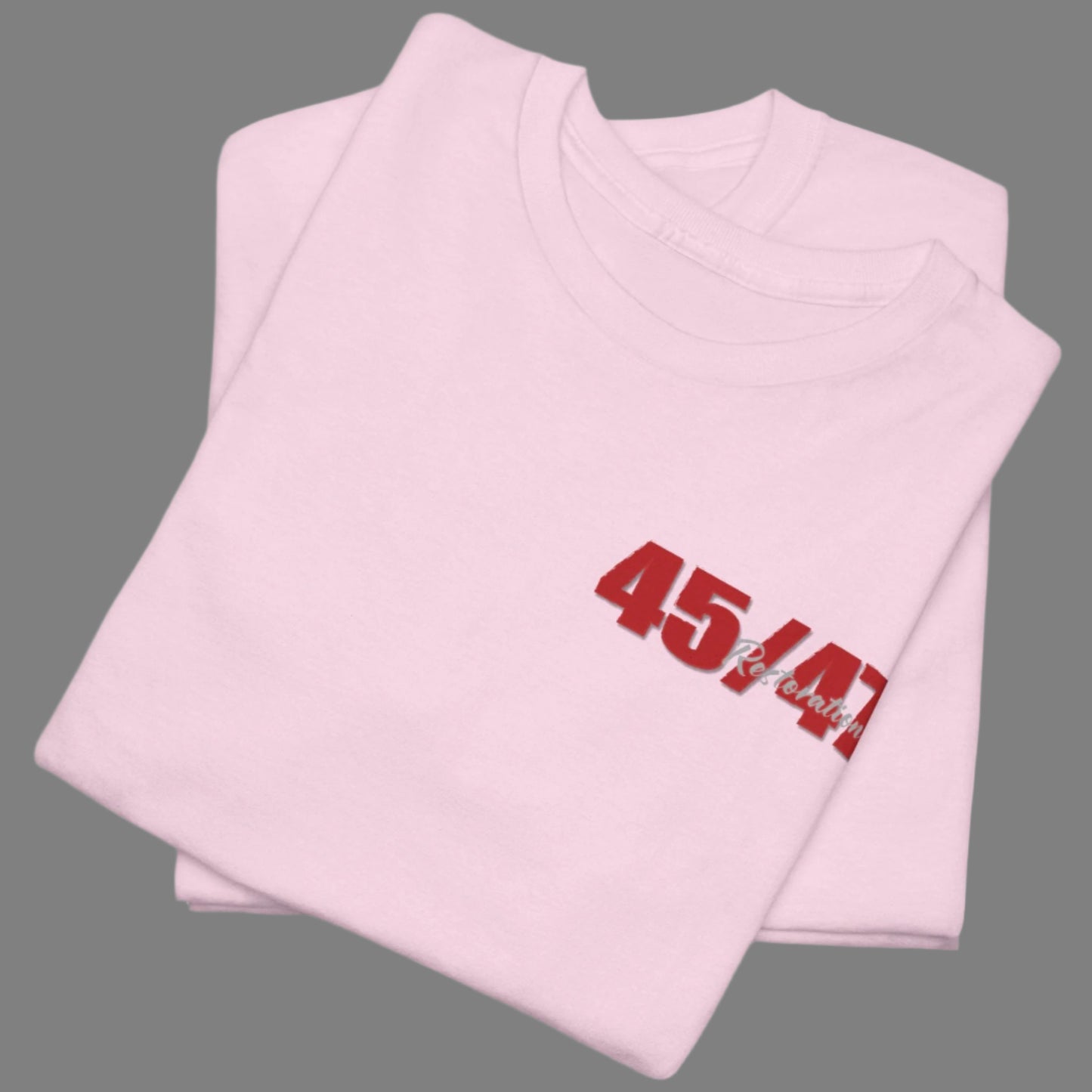 Cotton t-shirt imprinted in red with a gray overprint on the back of the names and strongest qualities of President Trump and his cabinet members / nominees. The front is imprinted on the left chest with 45/47 and the word Restoration overprinted in gray.
