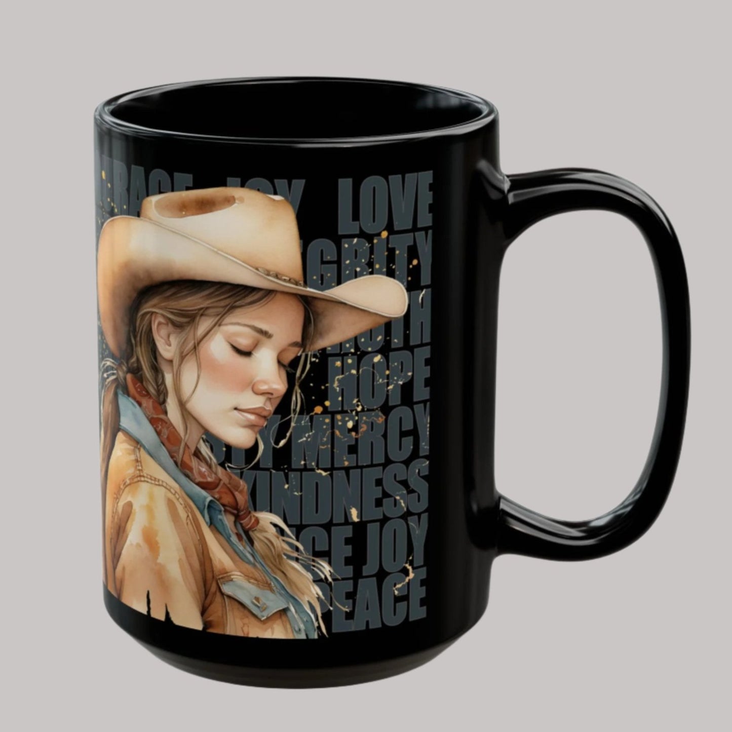 "Uplifted" Grateful Cowgirl Buckaroo + Inspirational Words on Black Ceramic Mug - 15oz