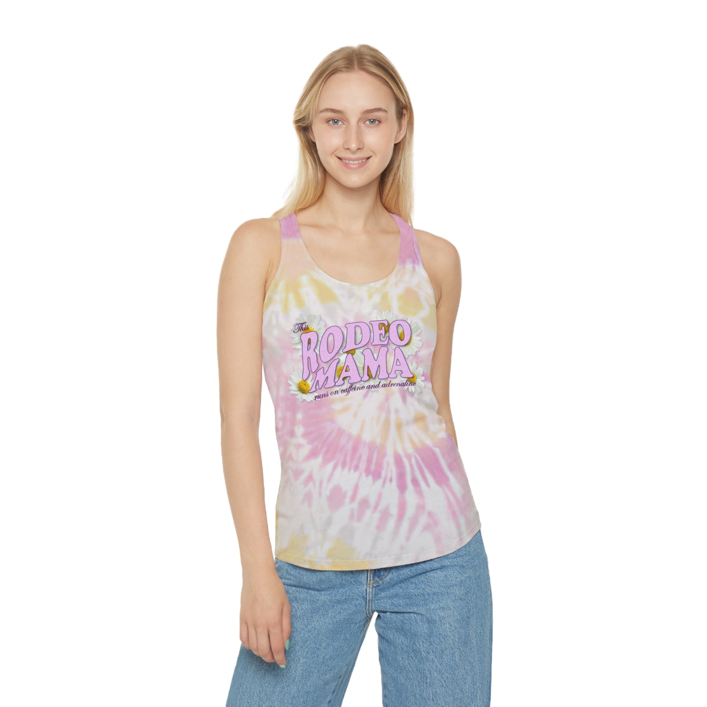 Rodeo Mama Tie Dye Racerback Tank Top (Caffeine & Adrenaline) – Vibrant & Playful Summer Wear - 3 Color Options