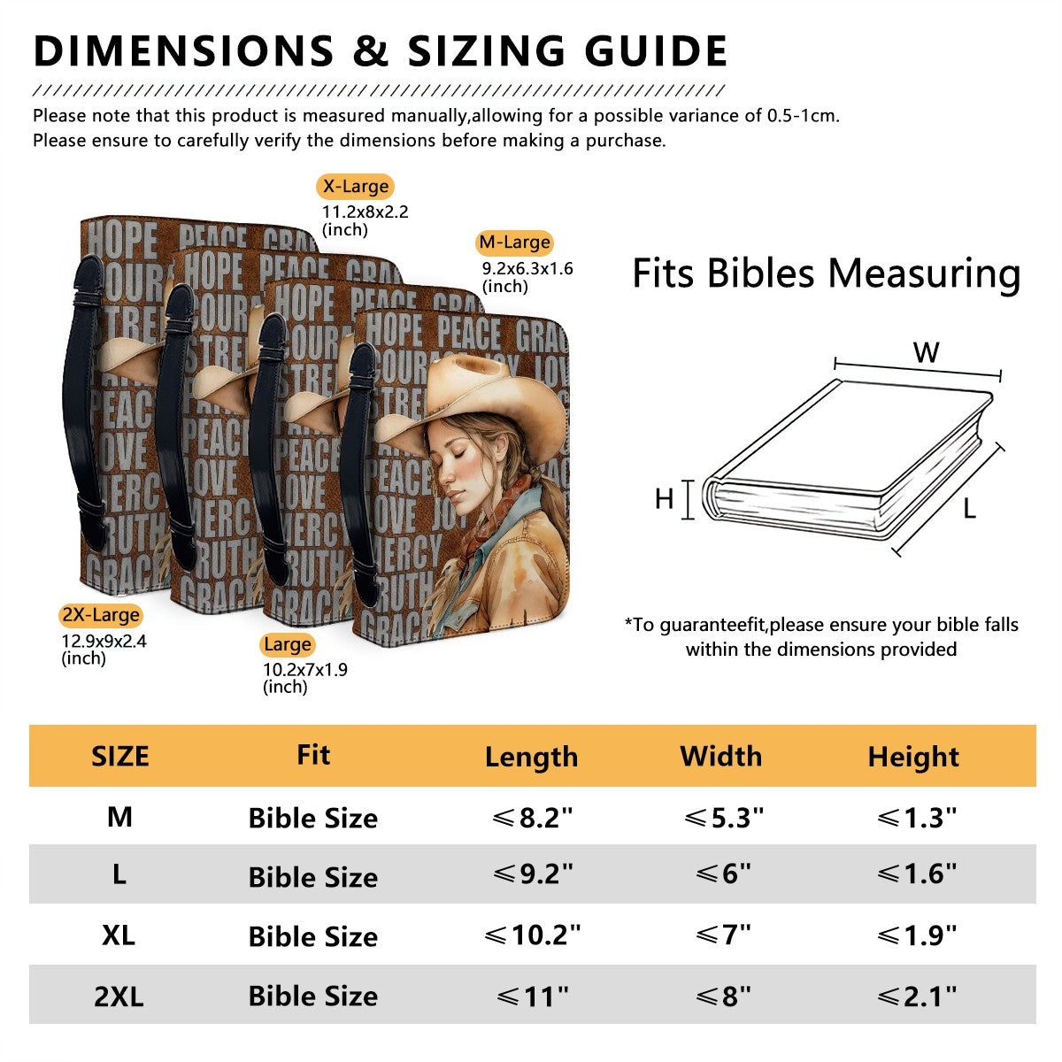 Faux pebble leather soft side Bible cover features a pretty, peaceful cowgirl in prayer over words of virtue. Interior has organizing pockets. Exterior has securely attached handle for years of use.