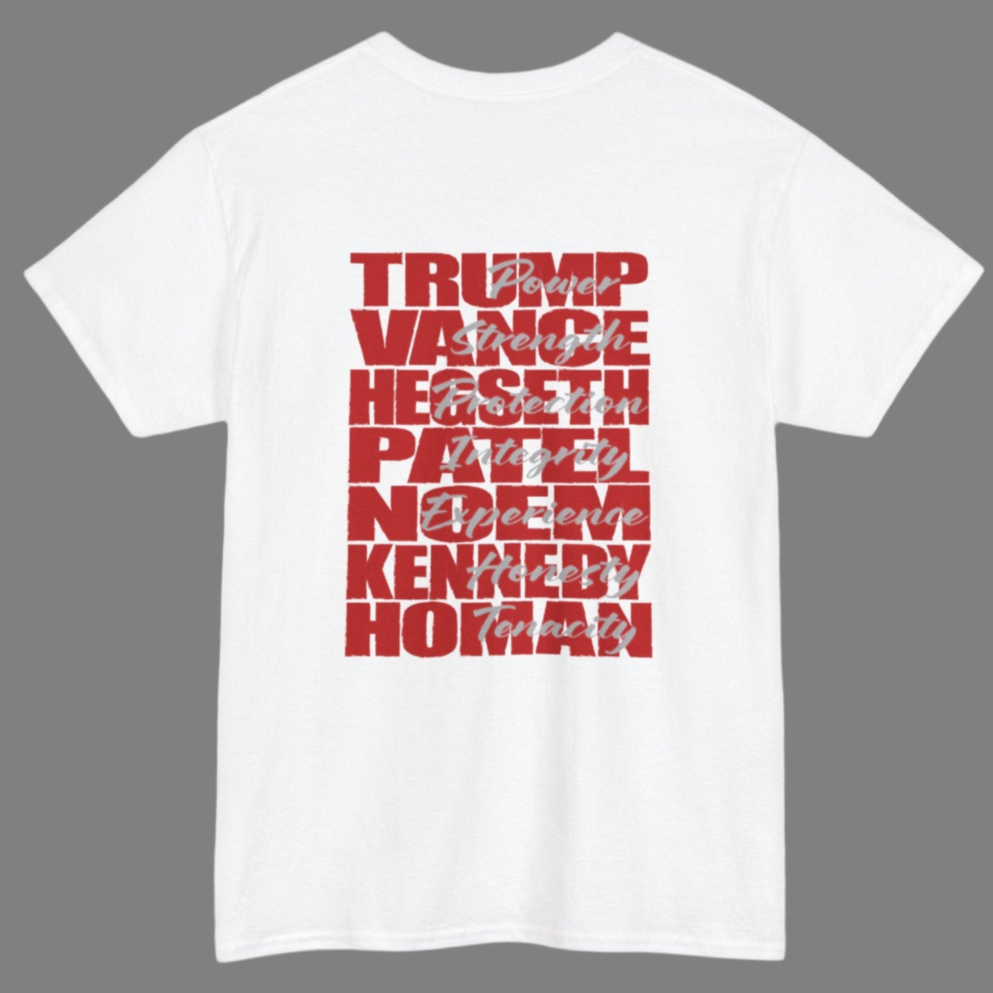 Cotton t-shirt imprinted in red with a gray overprint on the back of the names and strongest qualities of President Trump and his cabinet members / nominees. The front is imprinted on the left chest with 45/47 and the word Restoration overprinted in gray.